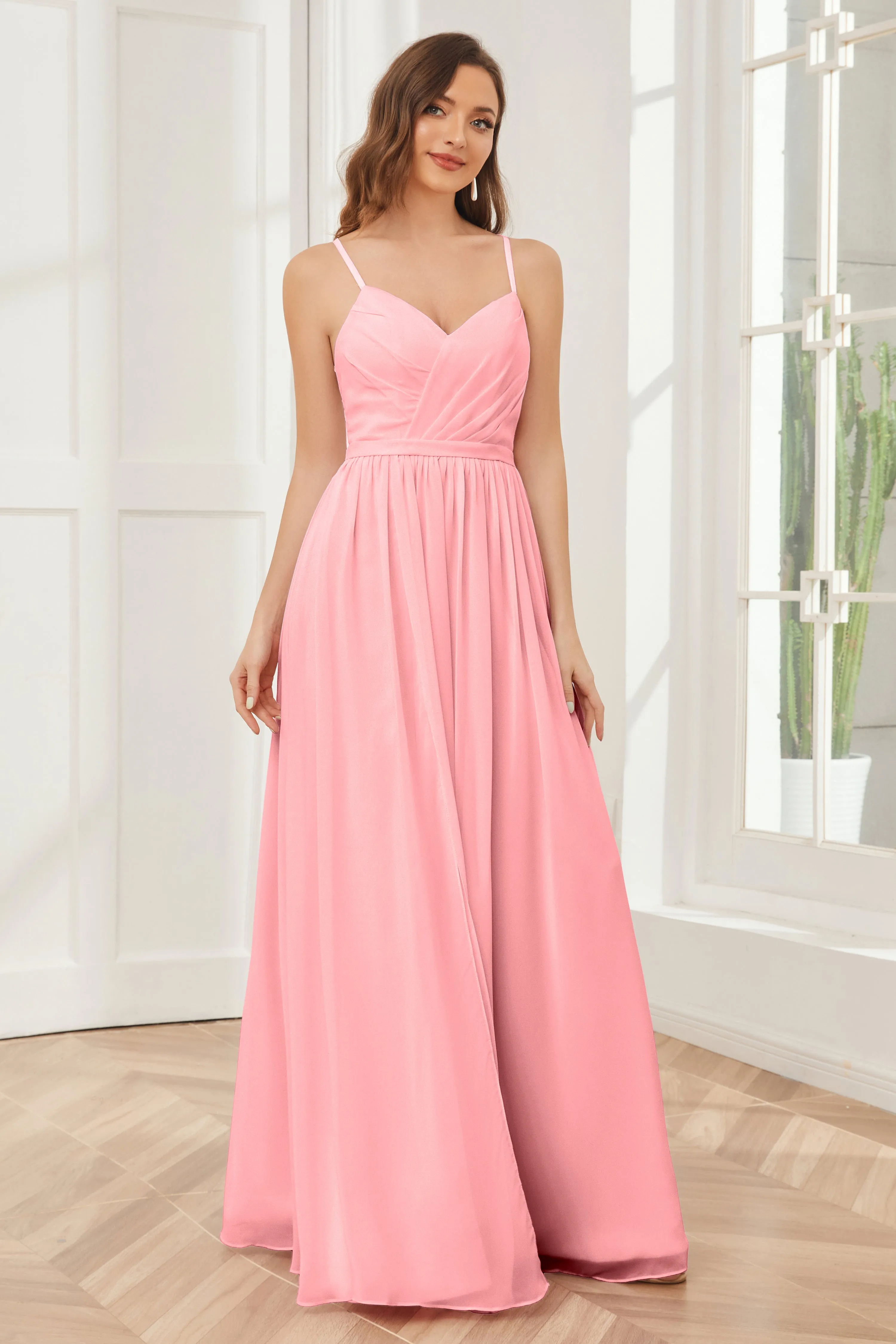 A-line Spaghetti Straps Chiffon Long Bridesmaid Dresses