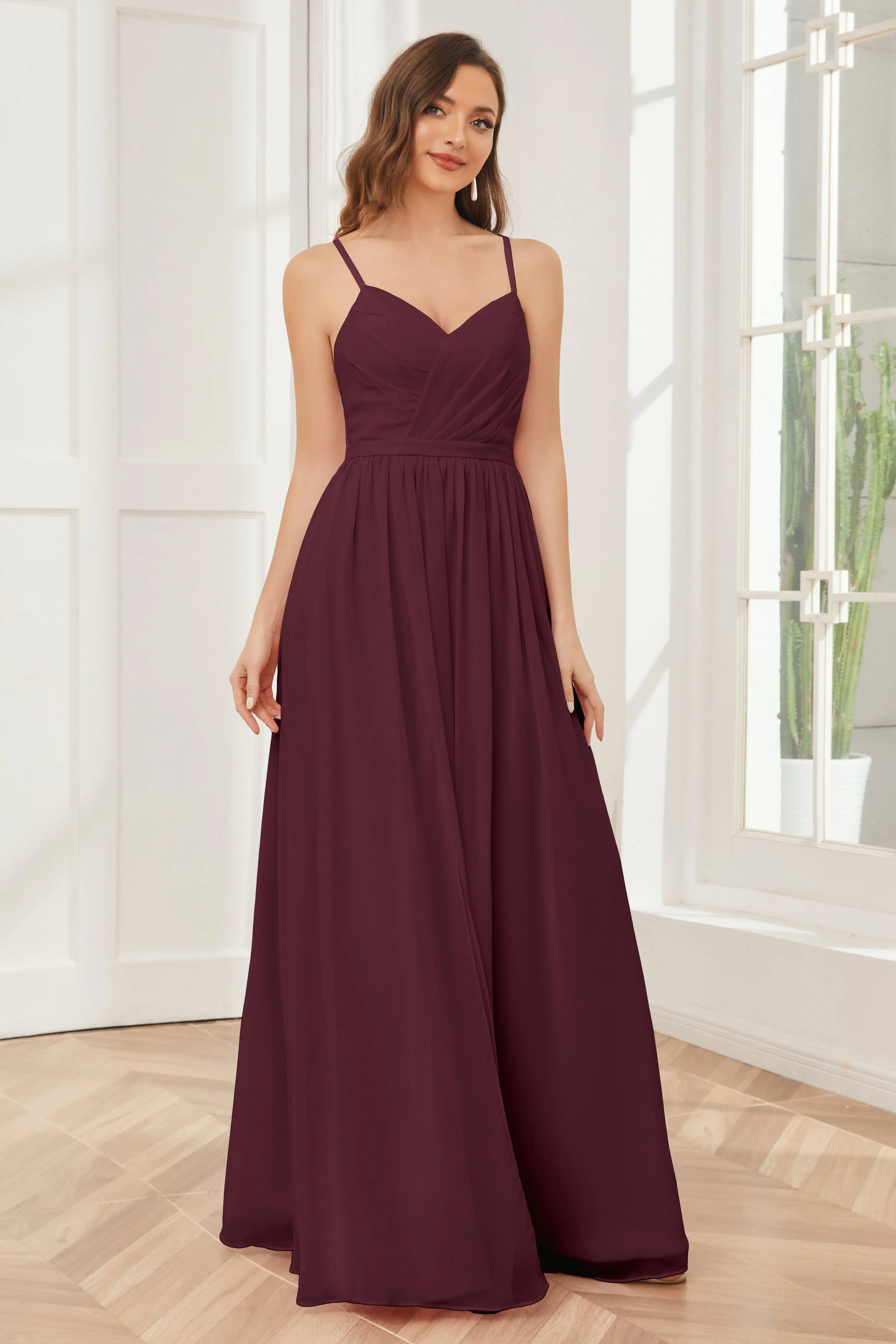 A-line Spaghetti Straps Chiffon Long Bridesmaid Dresses