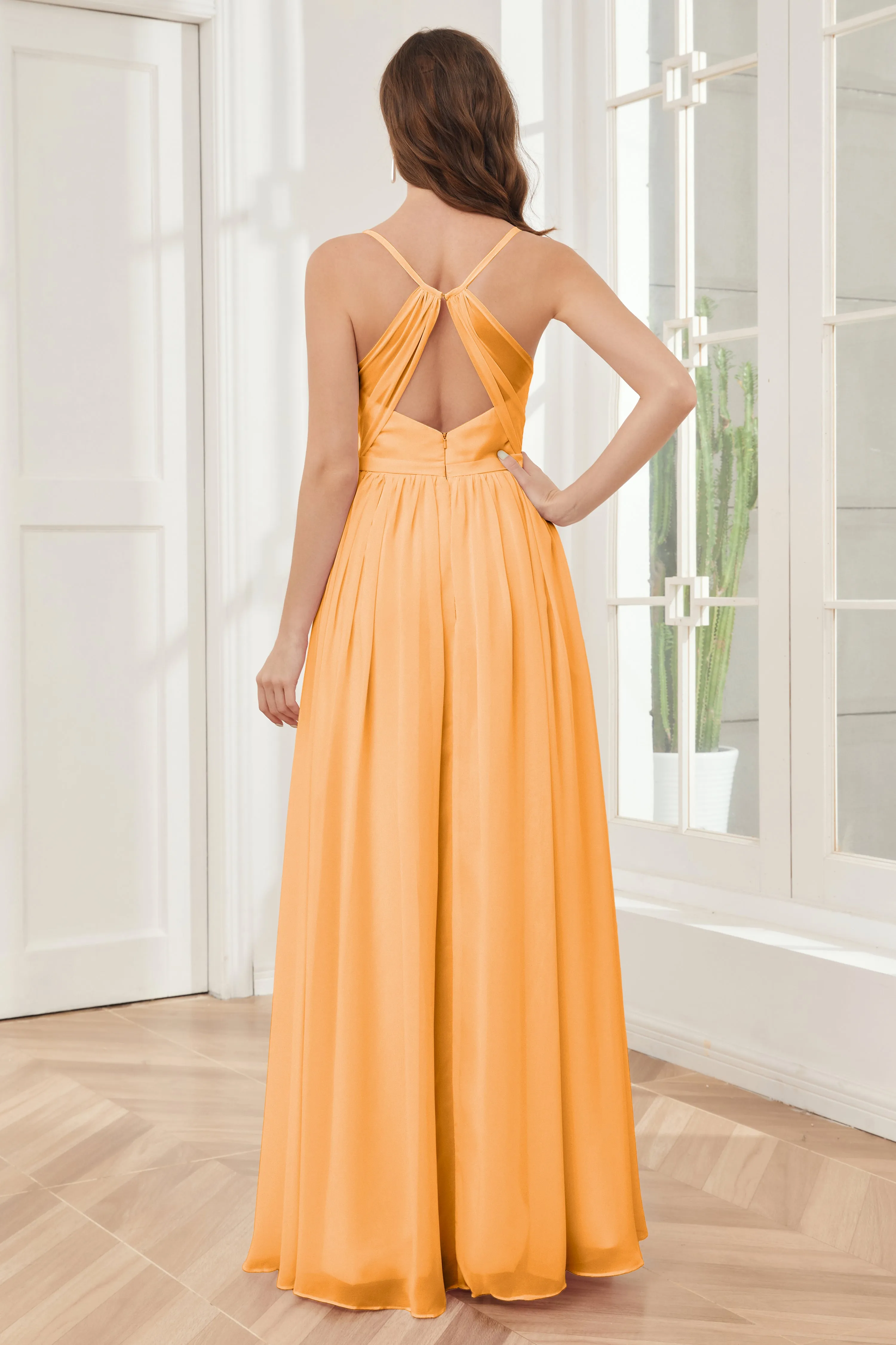 A-line Spaghetti Straps Chiffon Long Bridesmaid Dresses