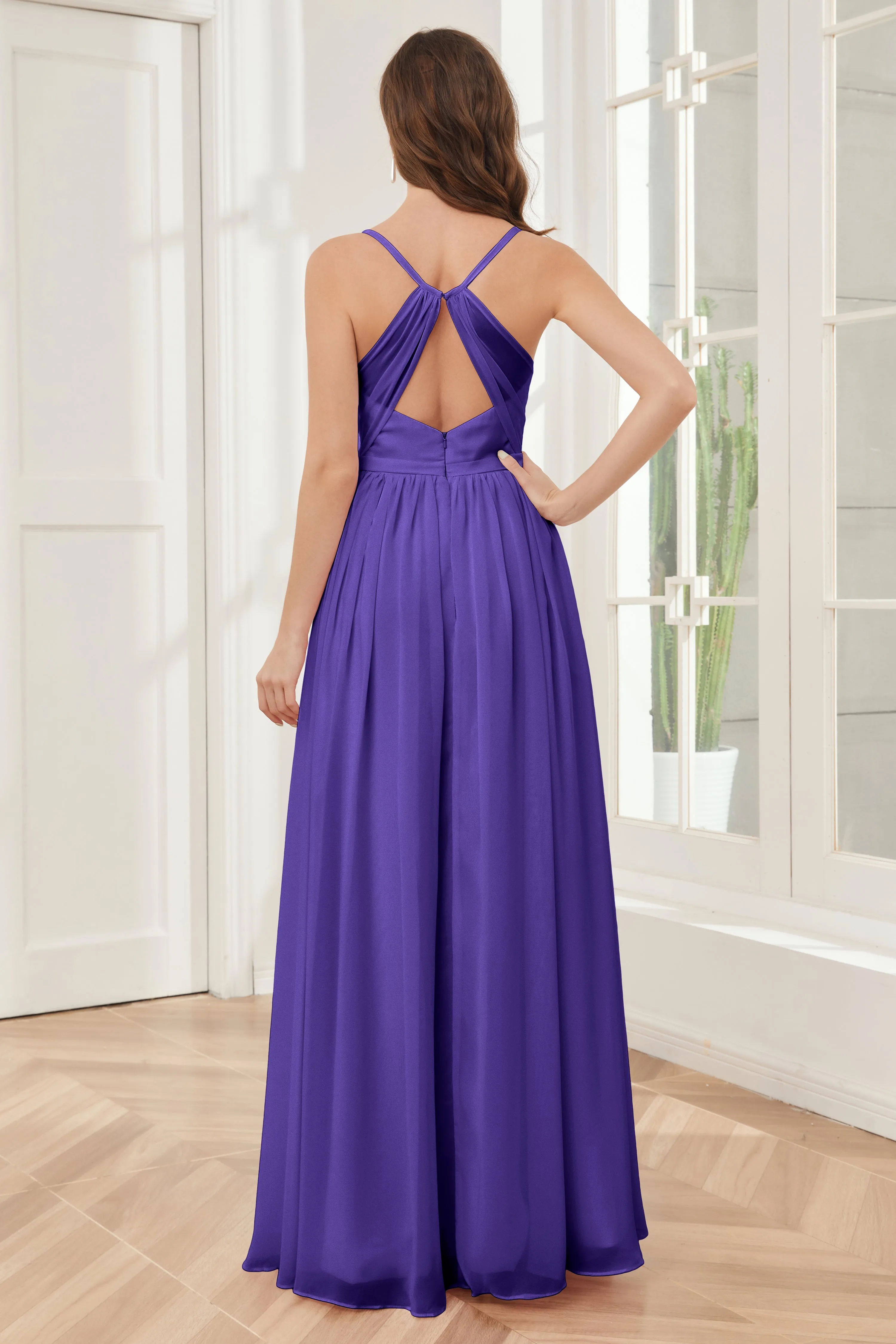 A-line Spaghetti Straps Chiffon Long Bridesmaid Dresses