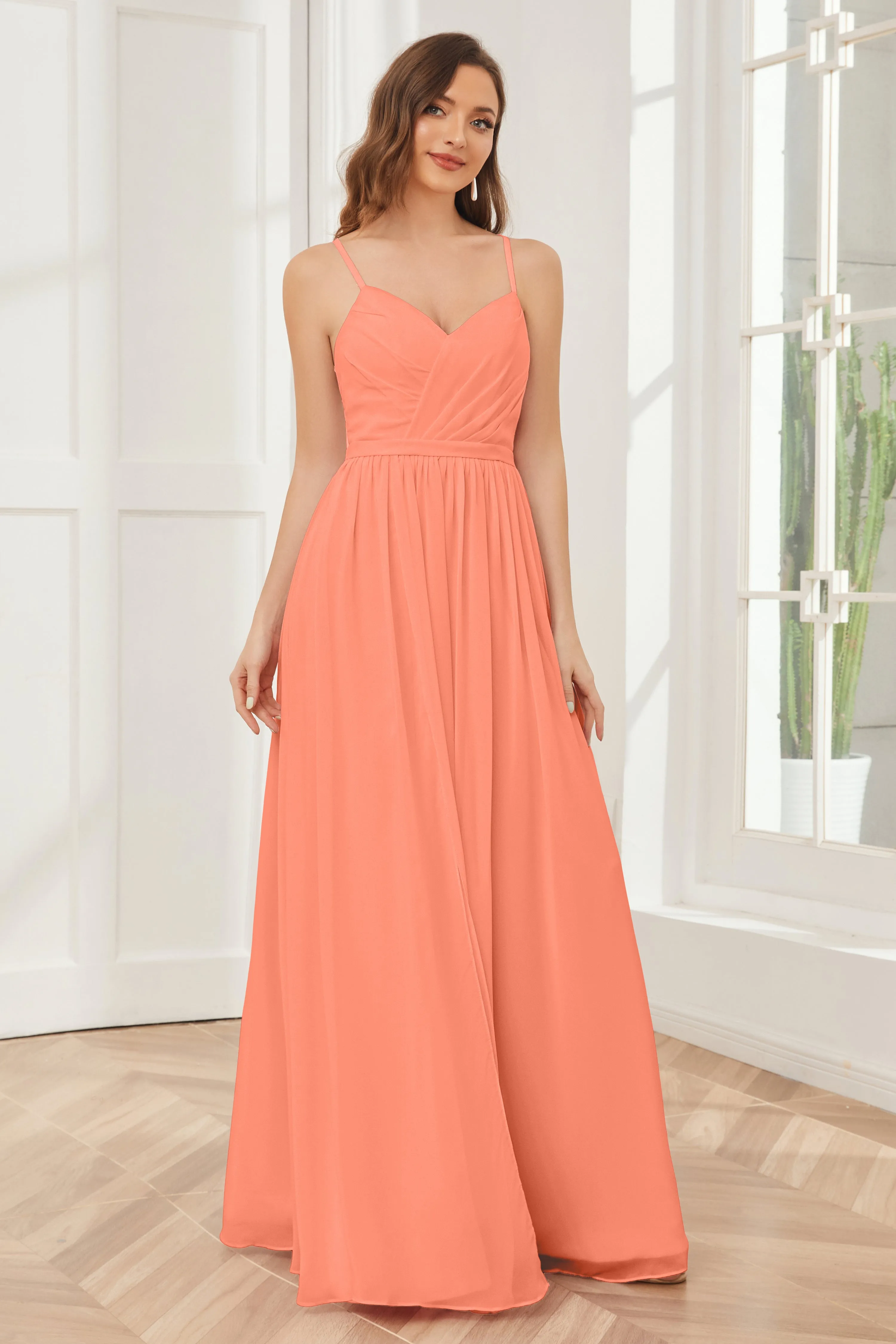 A-line Spaghetti Straps Chiffon Long Bridesmaid Dresses