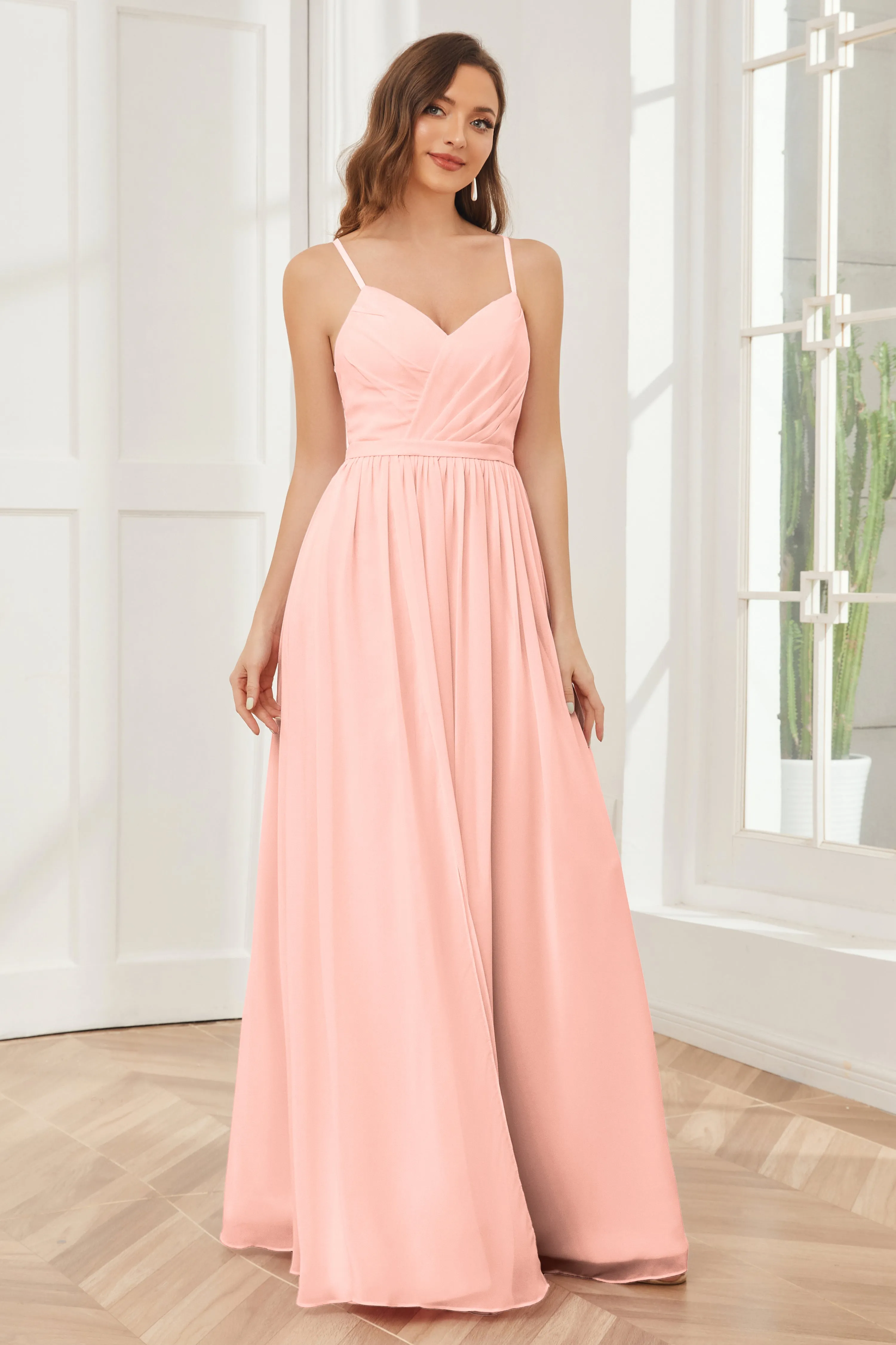 A-line Spaghetti Straps Chiffon Long Bridesmaid Dresses