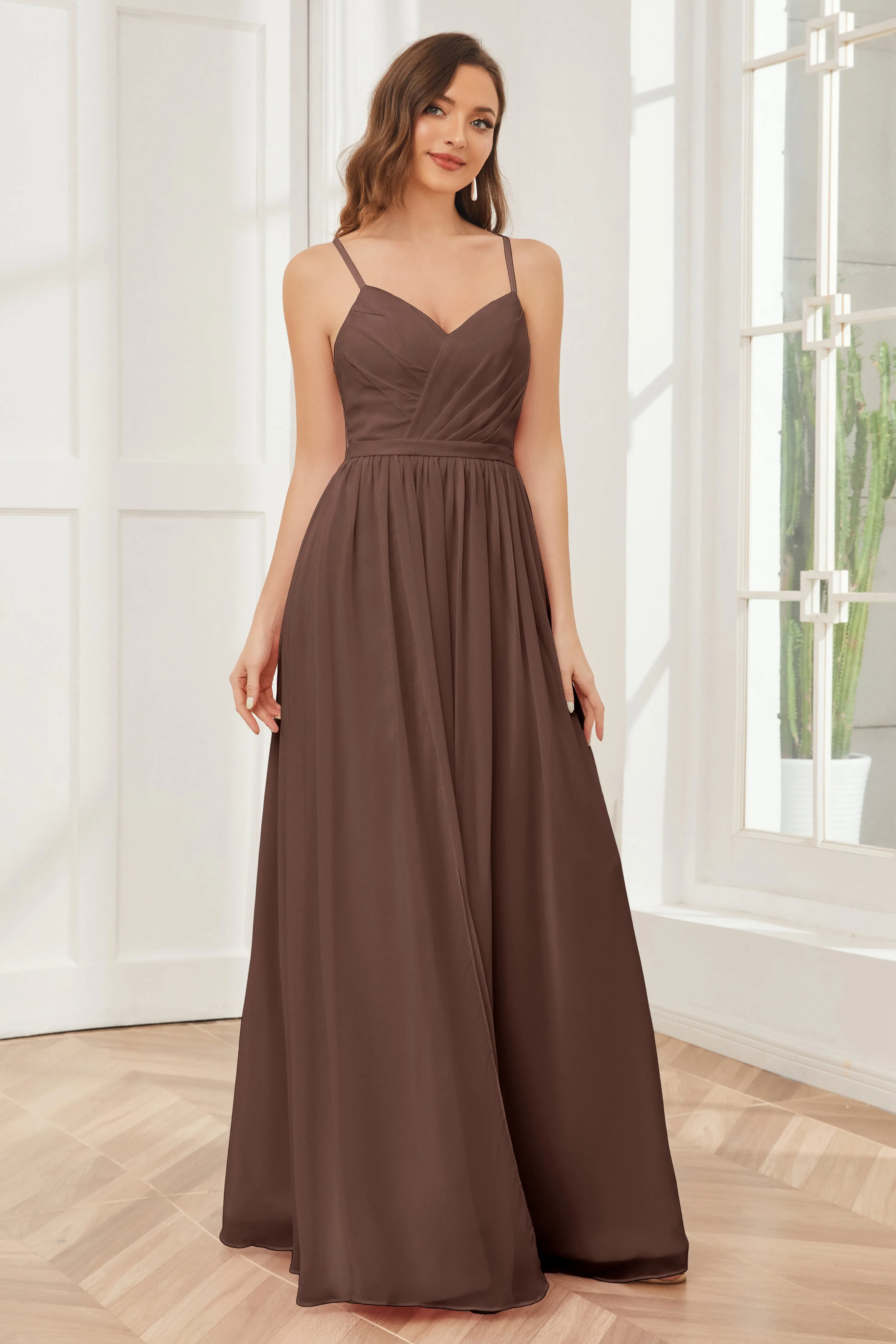 A-line Spaghetti Straps Chiffon Long Bridesmaid Dresses