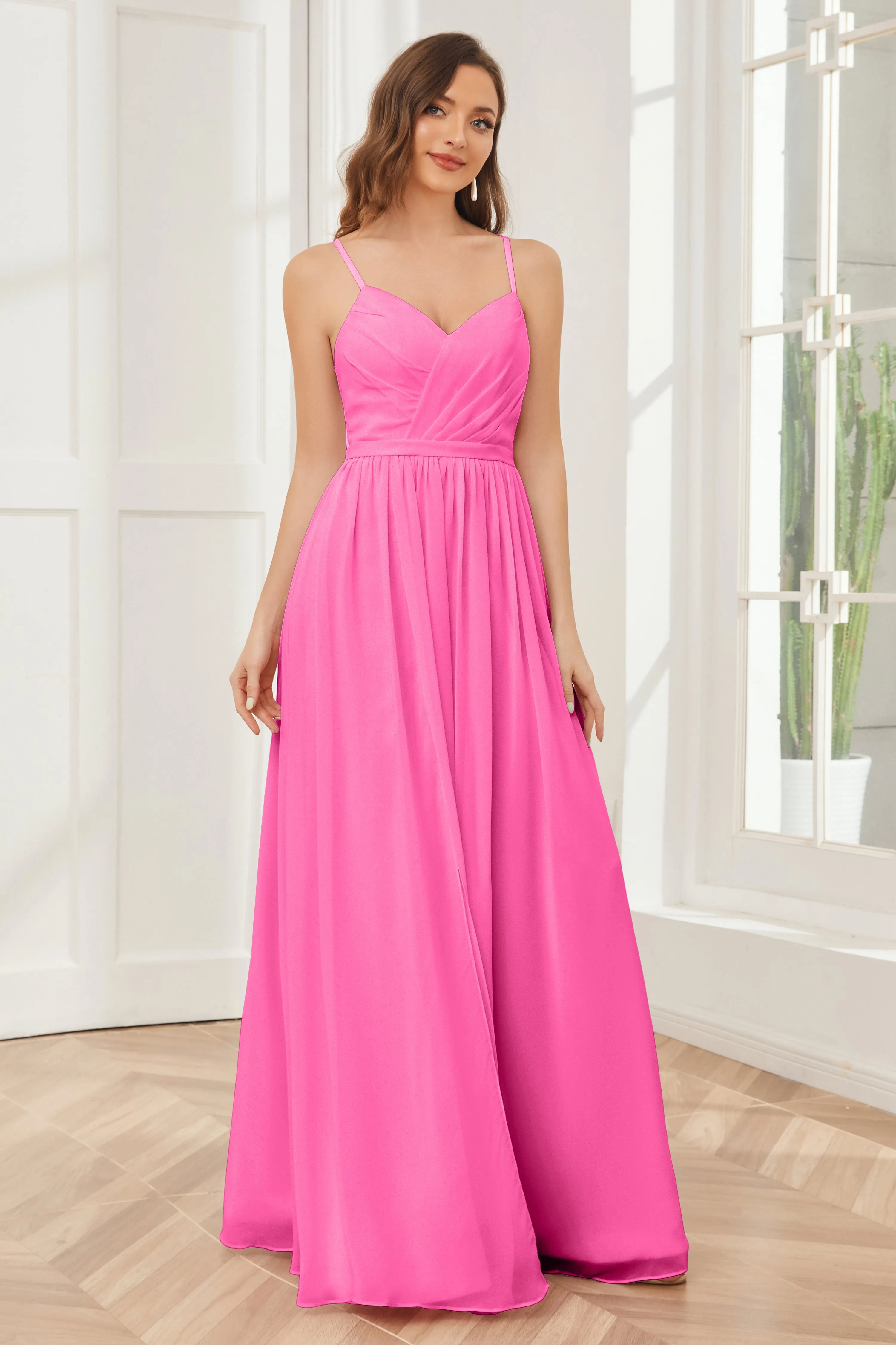 A-line Spaghetti Straps Chiffon Long Bridesmaid Dresses