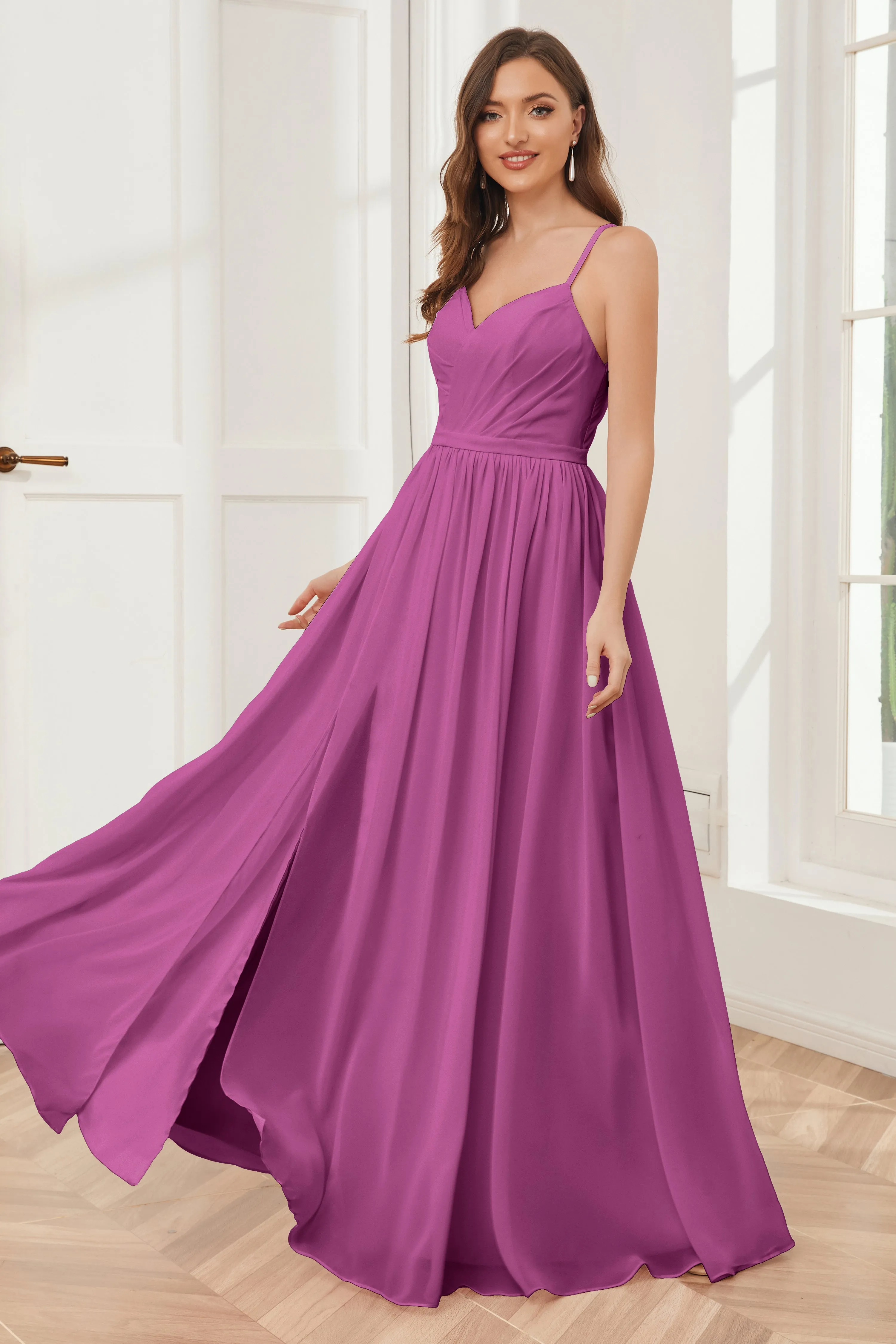 A-line Spaghetti Straps Chiffon Long Bridesmaid Dresses