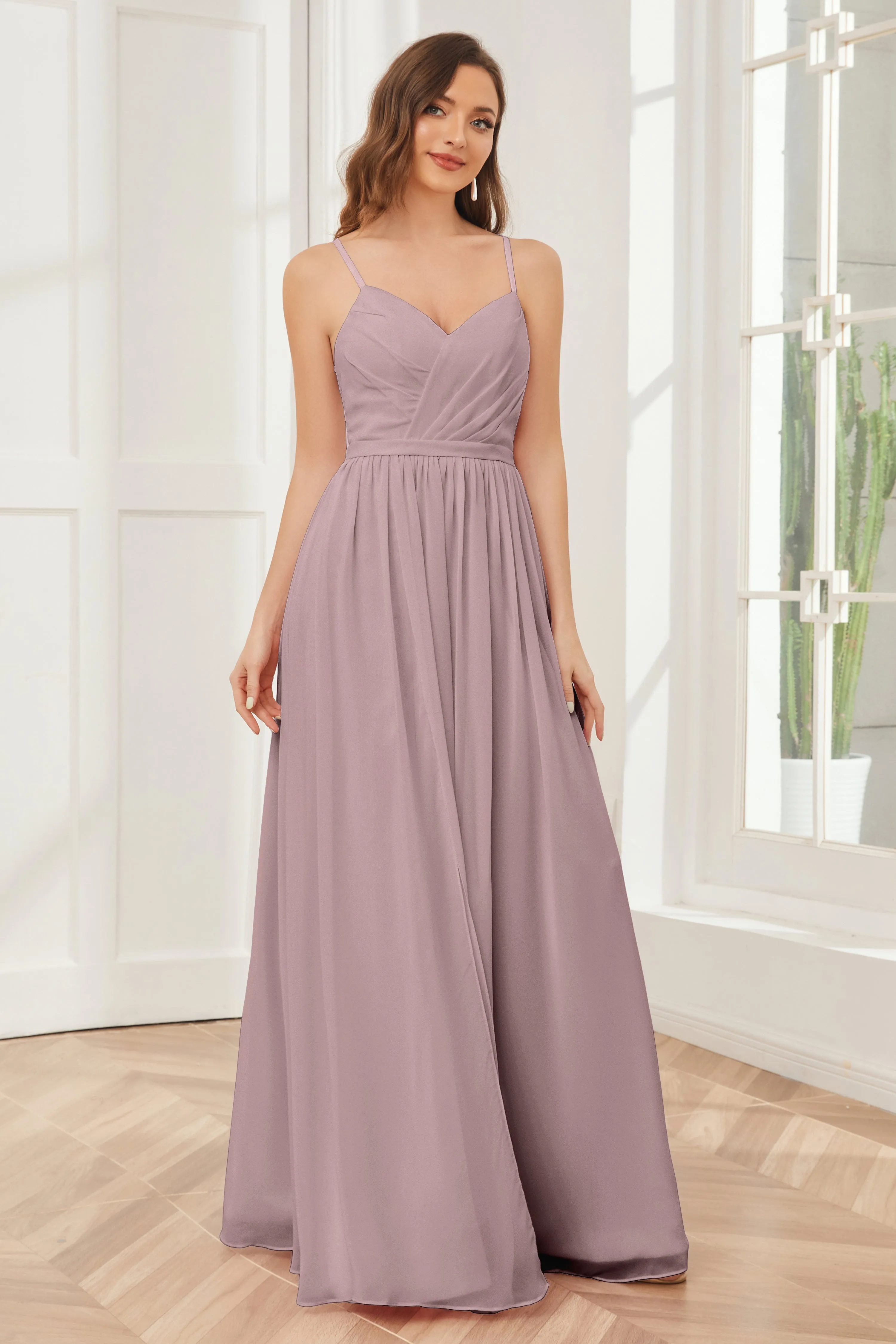 A-line Spaghetti Straps Chiffon Long Bridesmaid Dresses