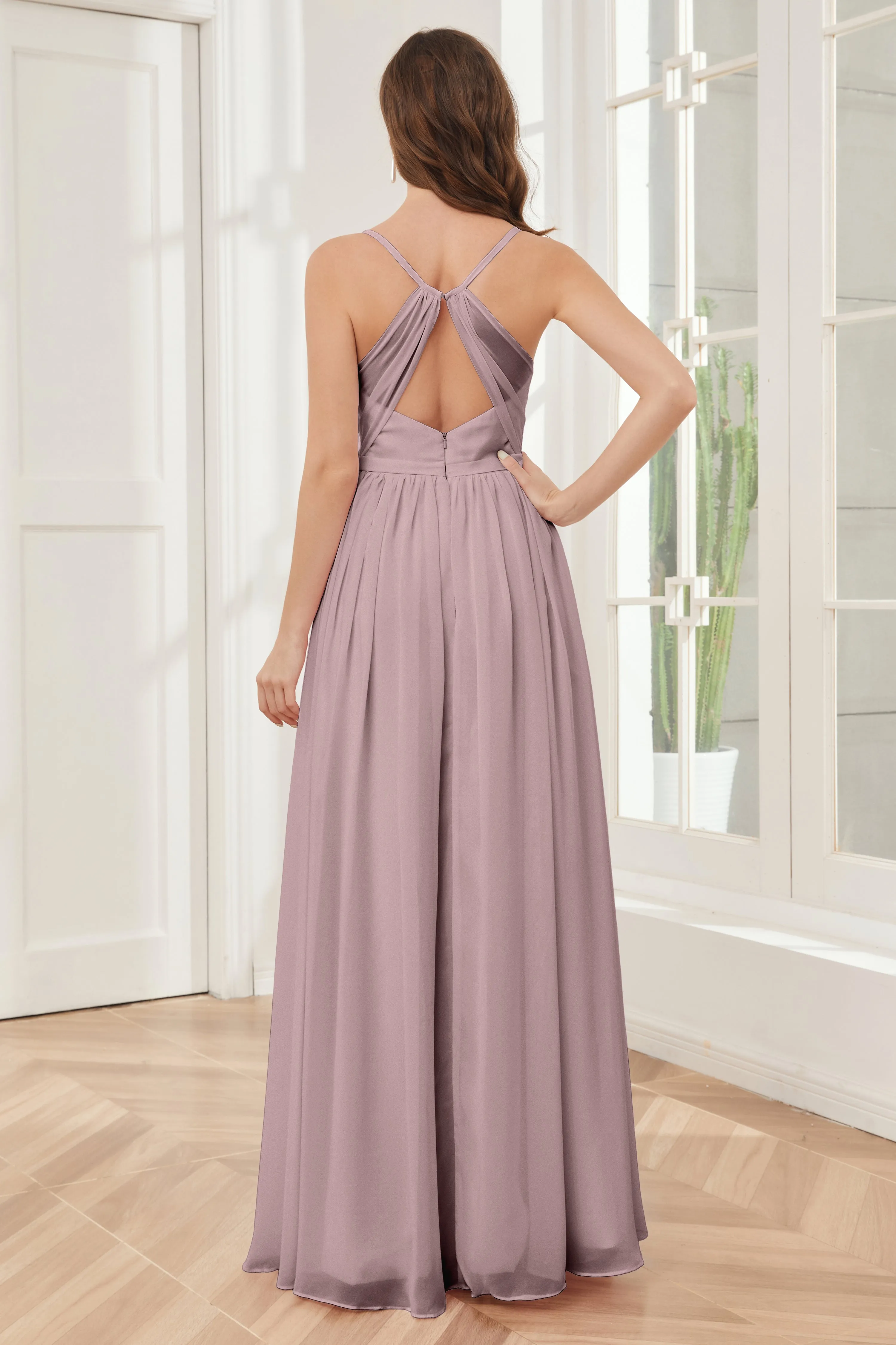 A-line Spaghetti Straps Chiffon Long Bridesmaid Dresses