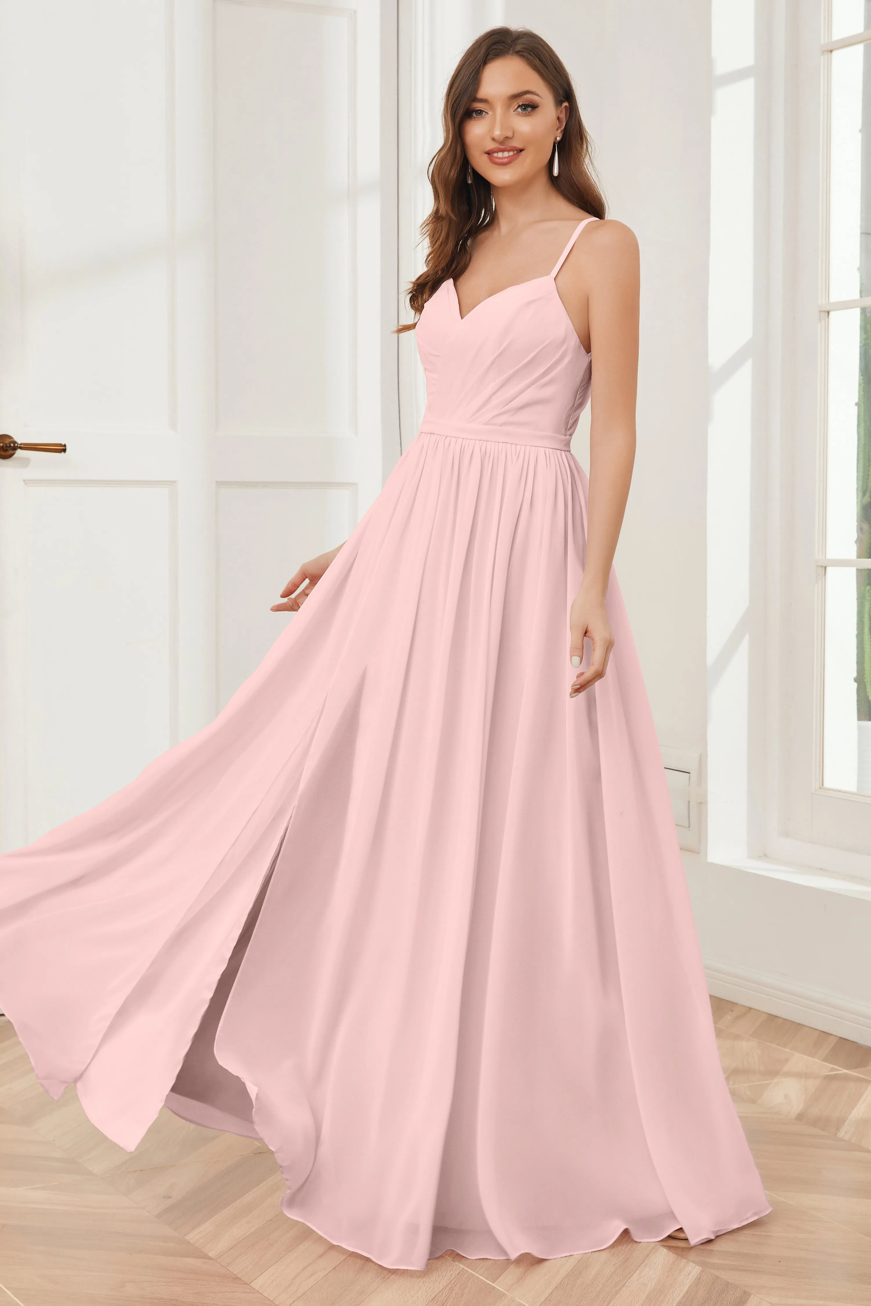 A-line Spaghetti Straps Chiffon Long Bridesmaid Dresses