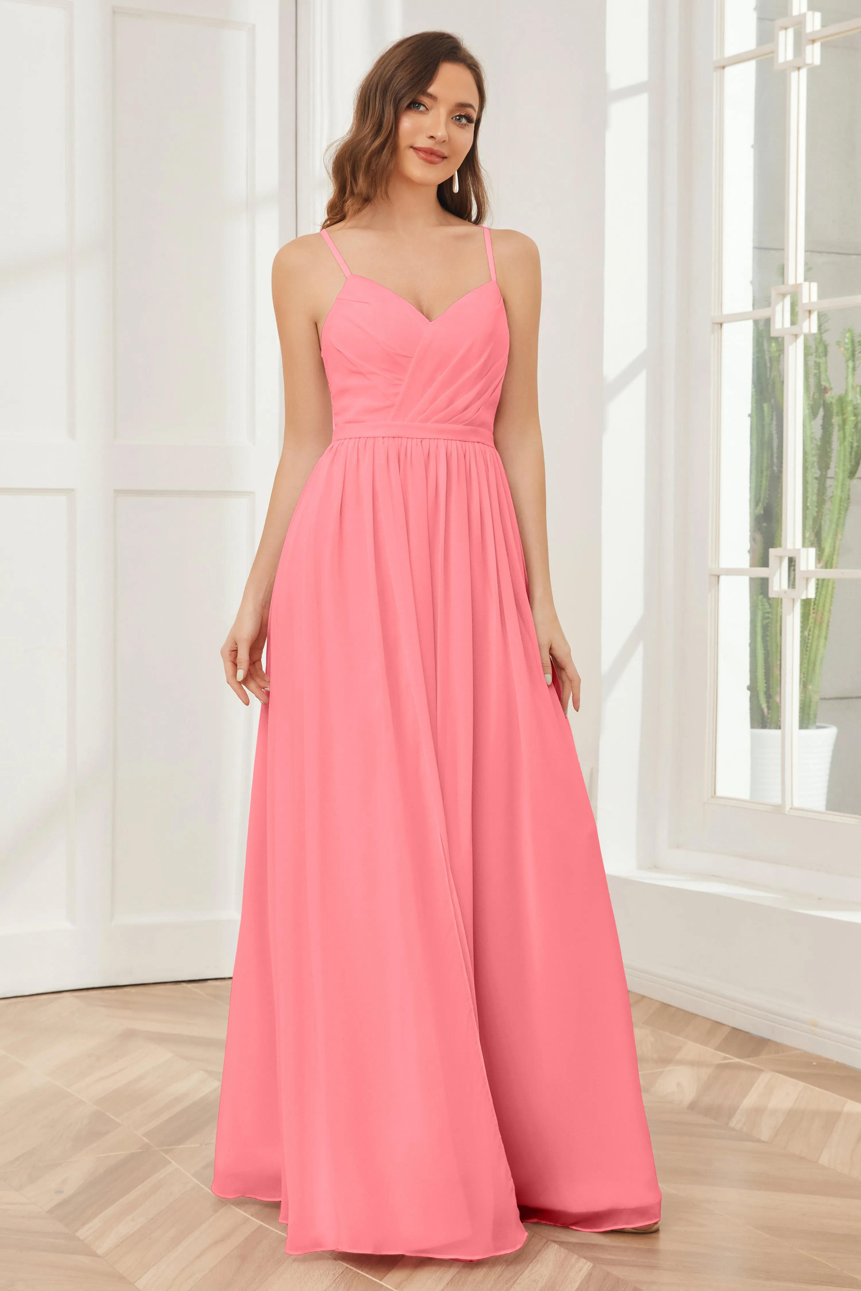 A-line Spaghetti Straps Chiffon Long Bridesmaid Dresses