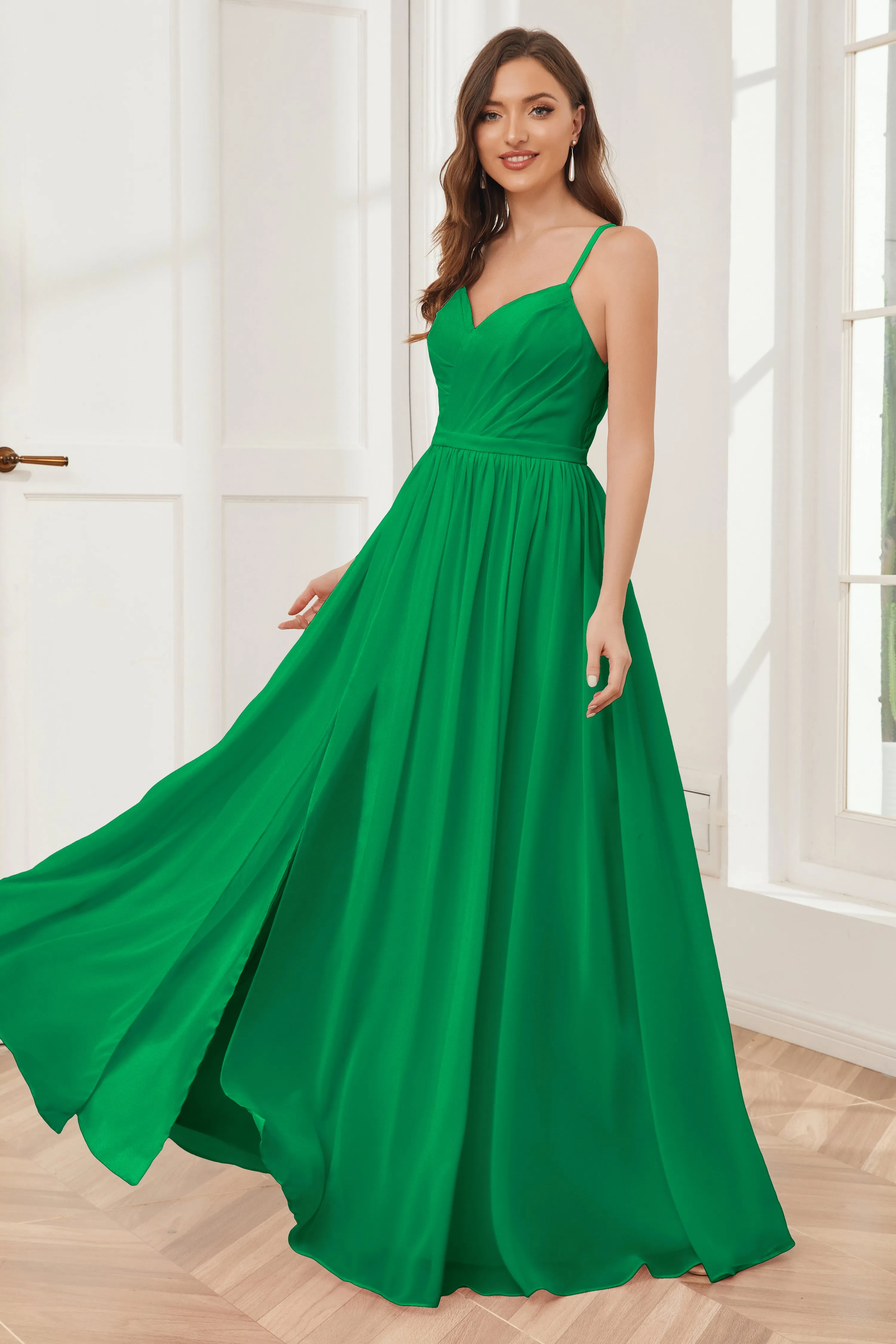 A-line Spaghetti Straps Chiffon Long Bridesmaid Dresses