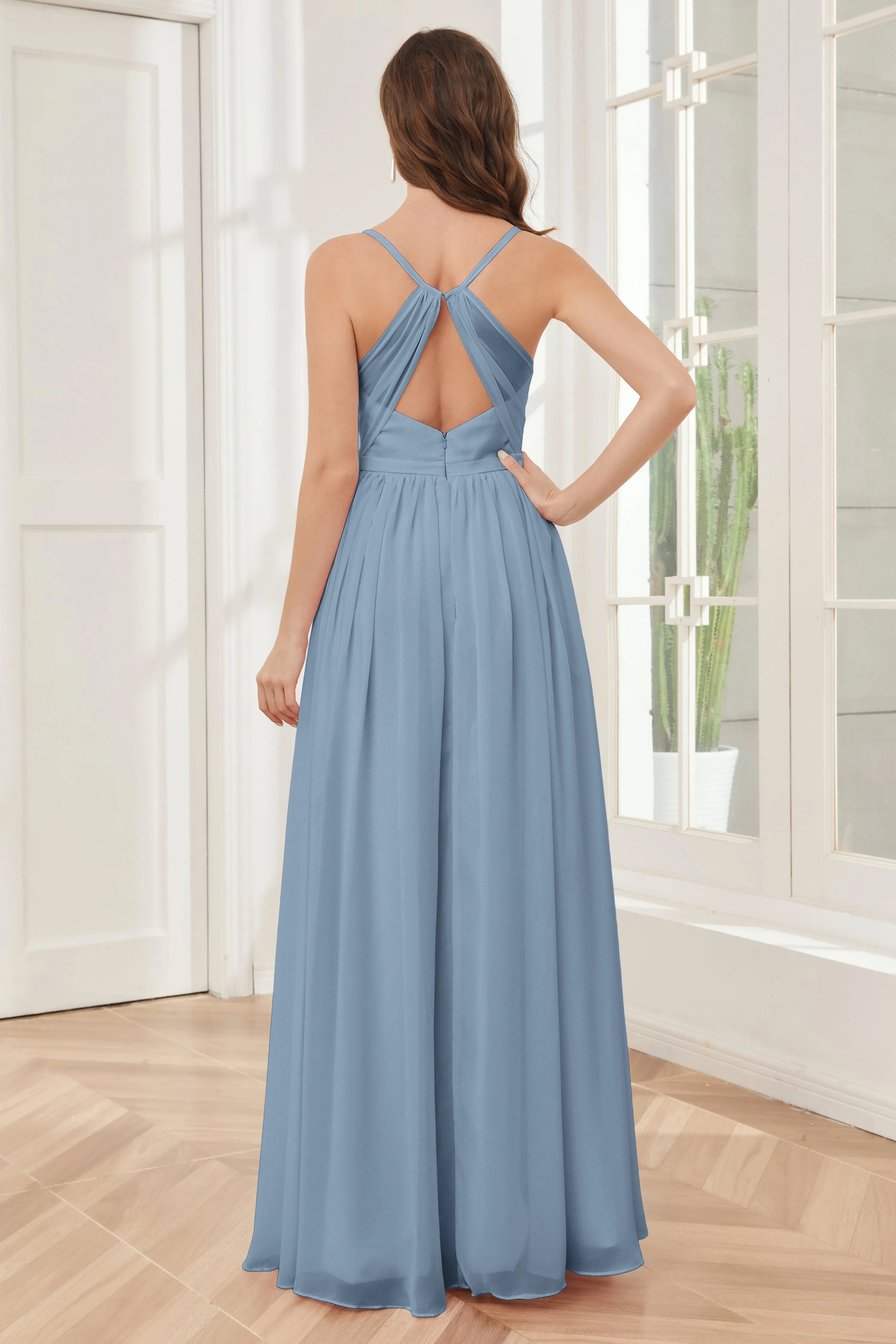 A-line Spaghetti Straps Chiffon Long Bridesmaid Dresses