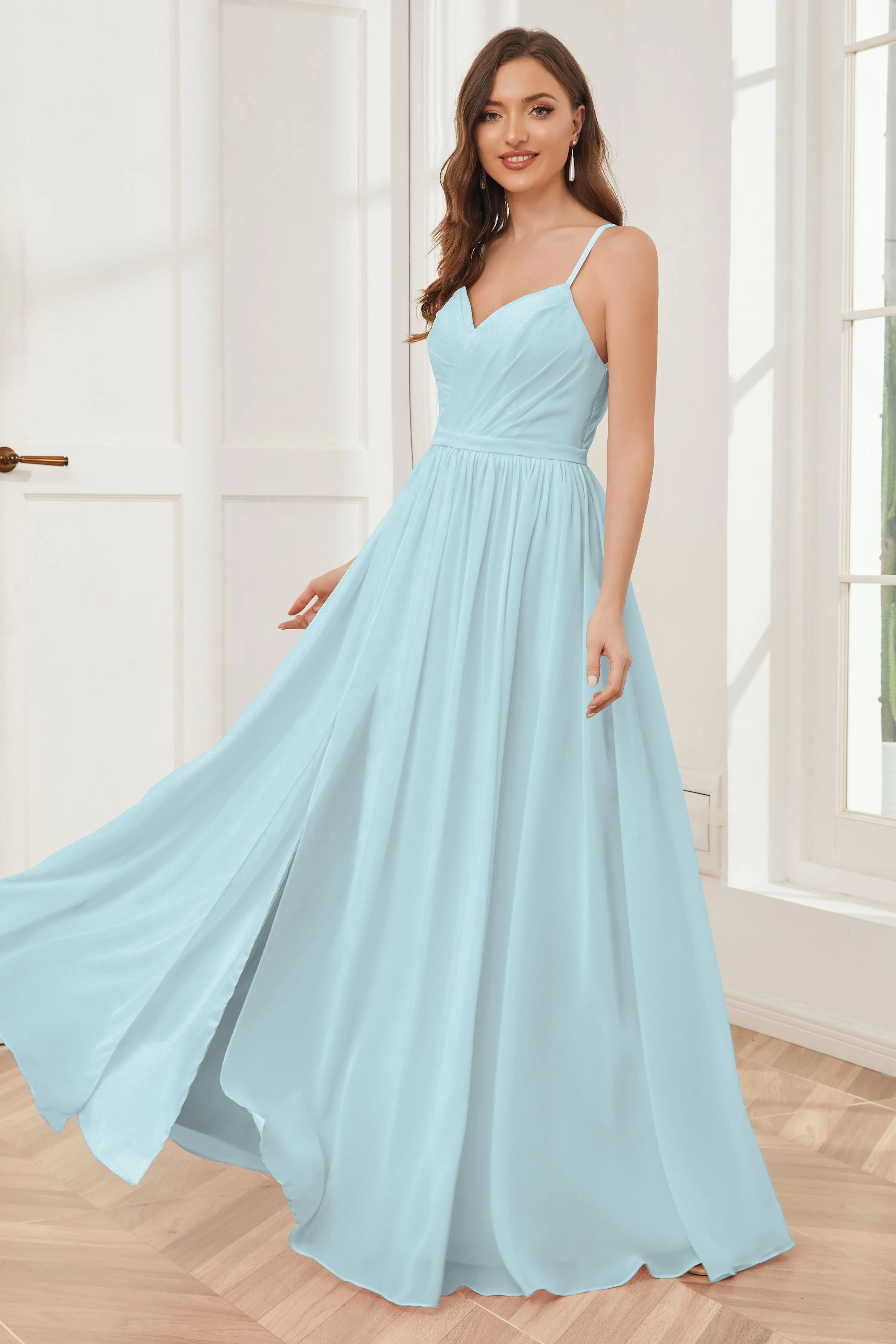 A-line Spaghetti Straps Chiffon Long Bridesmaid Dresses