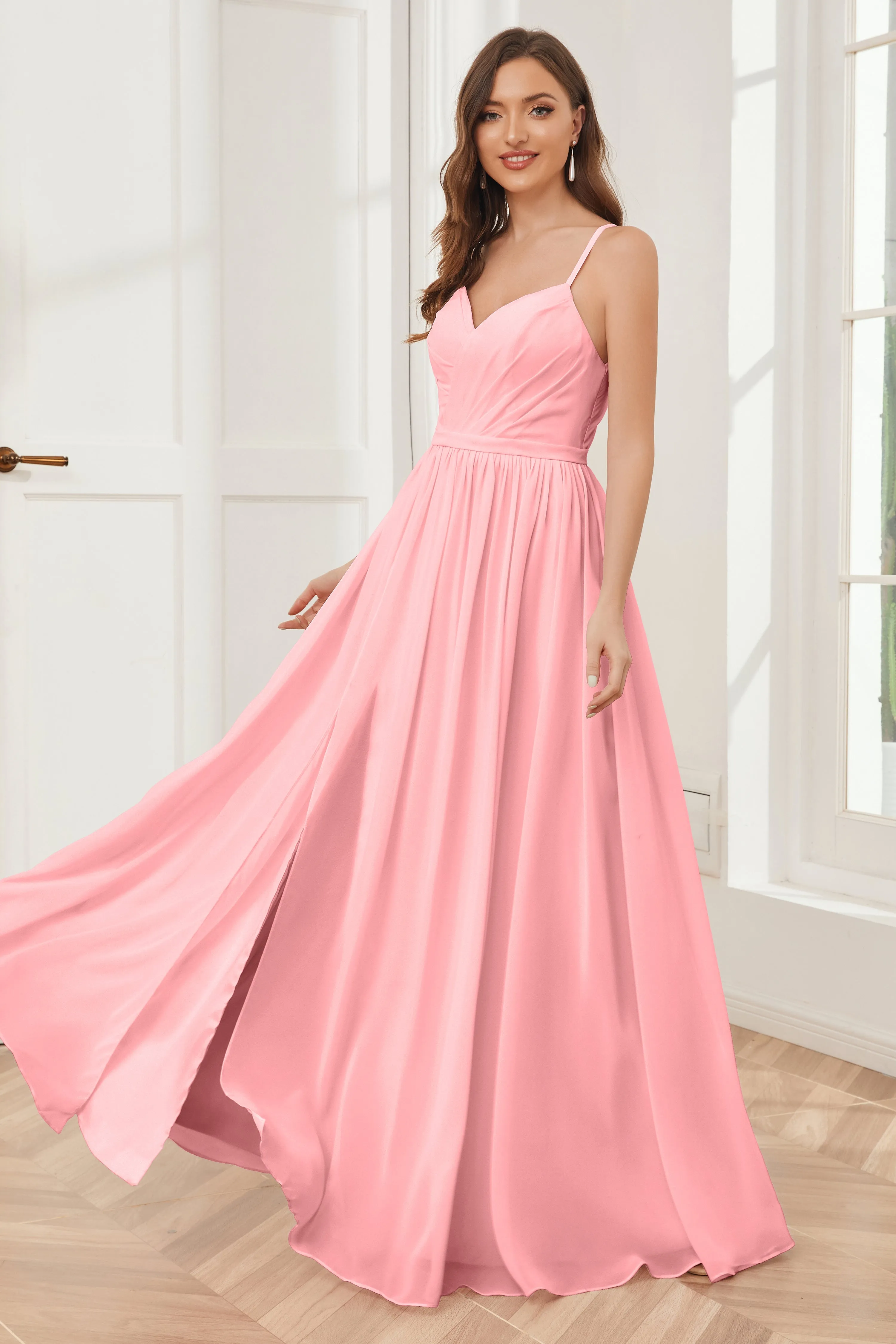 A-line Spaghetti Straps Chiffon Long Bridesmaid Dresses