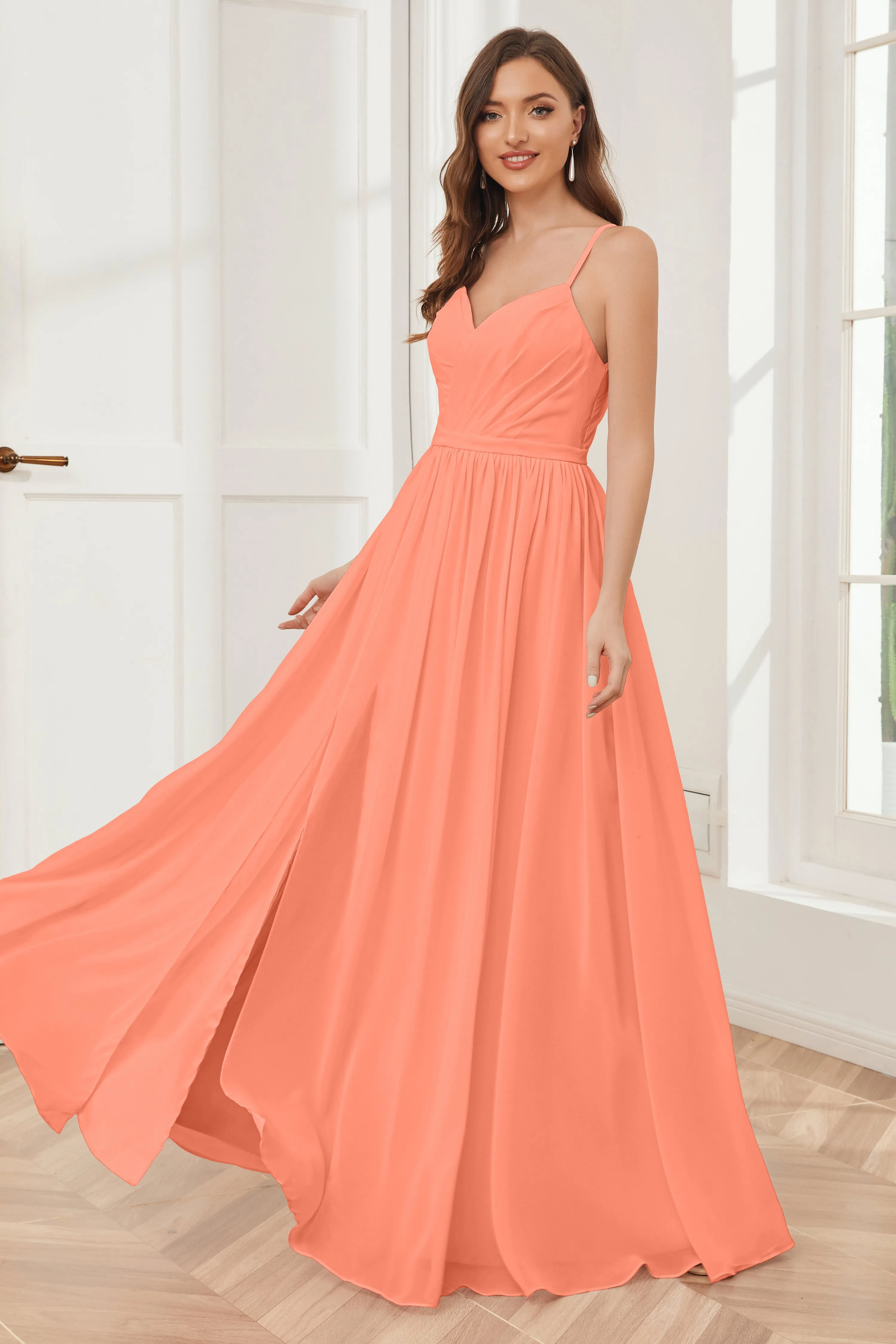 A-line Spaghetti Straps Chiffon Long Bridesmaid Dresses