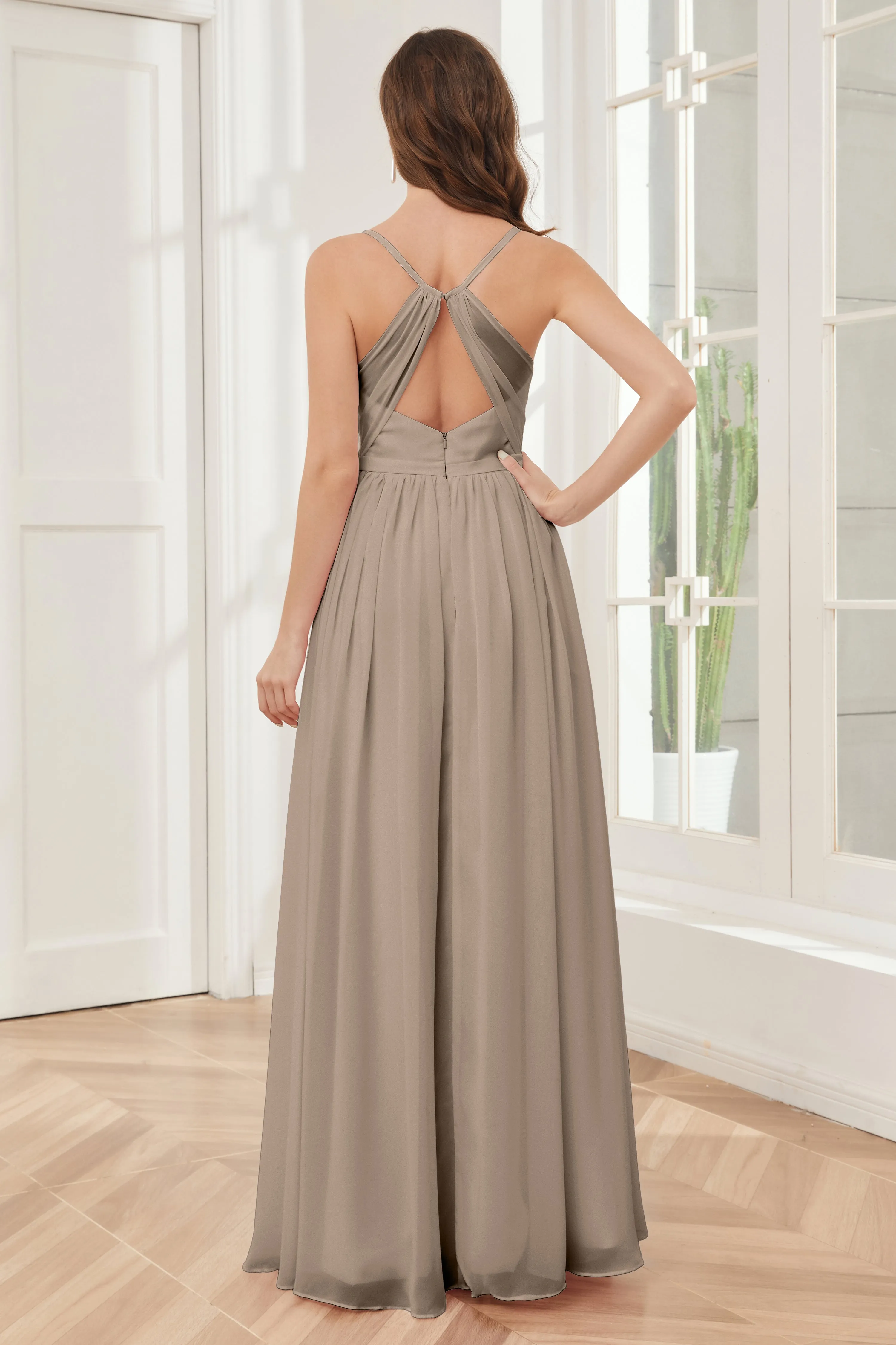 A-line Spaghetti Straps Chiffon Long Bridesmaid Dresses