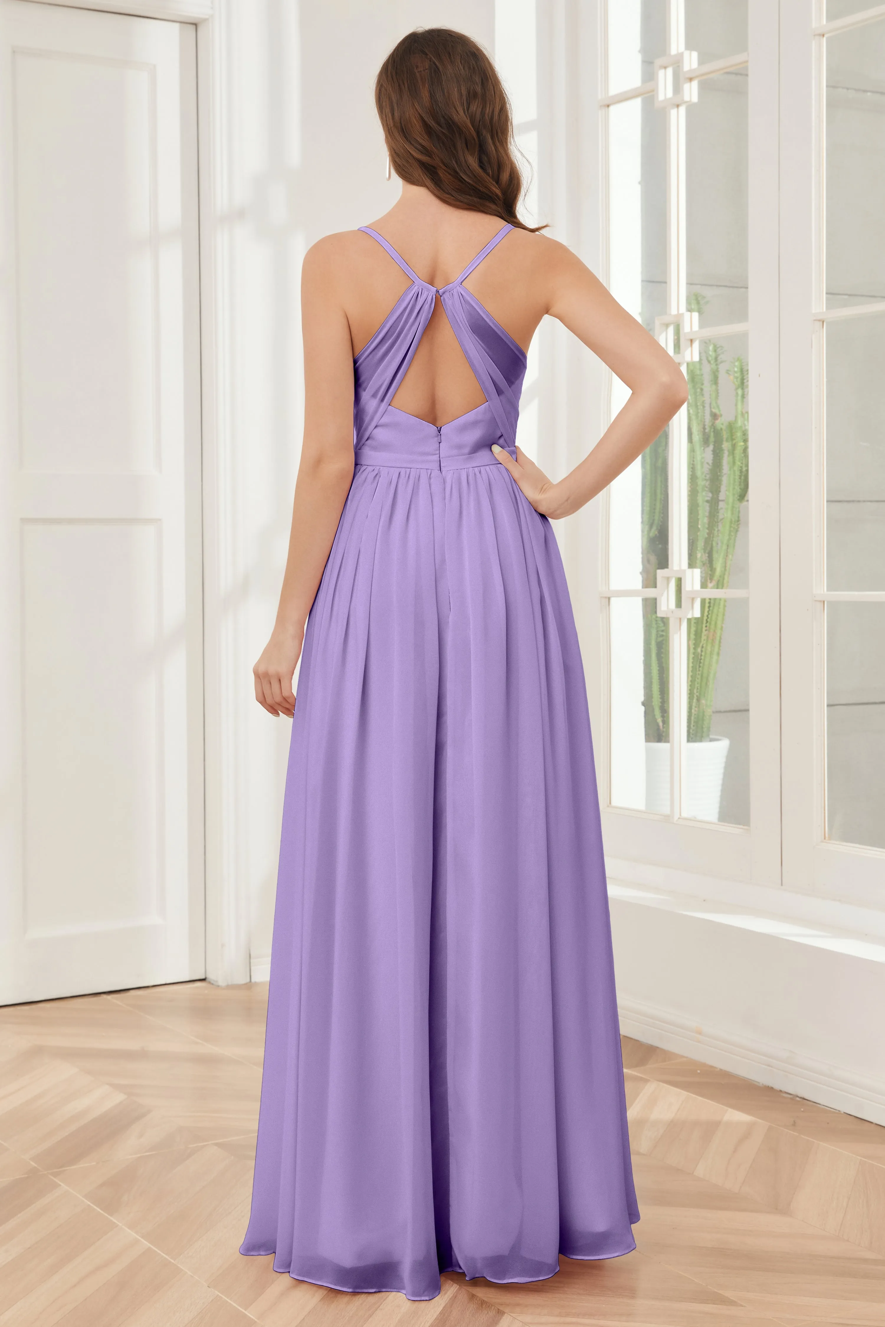 A-line Spaghetti Straps Chiffon Long Bridesmaid Dresses