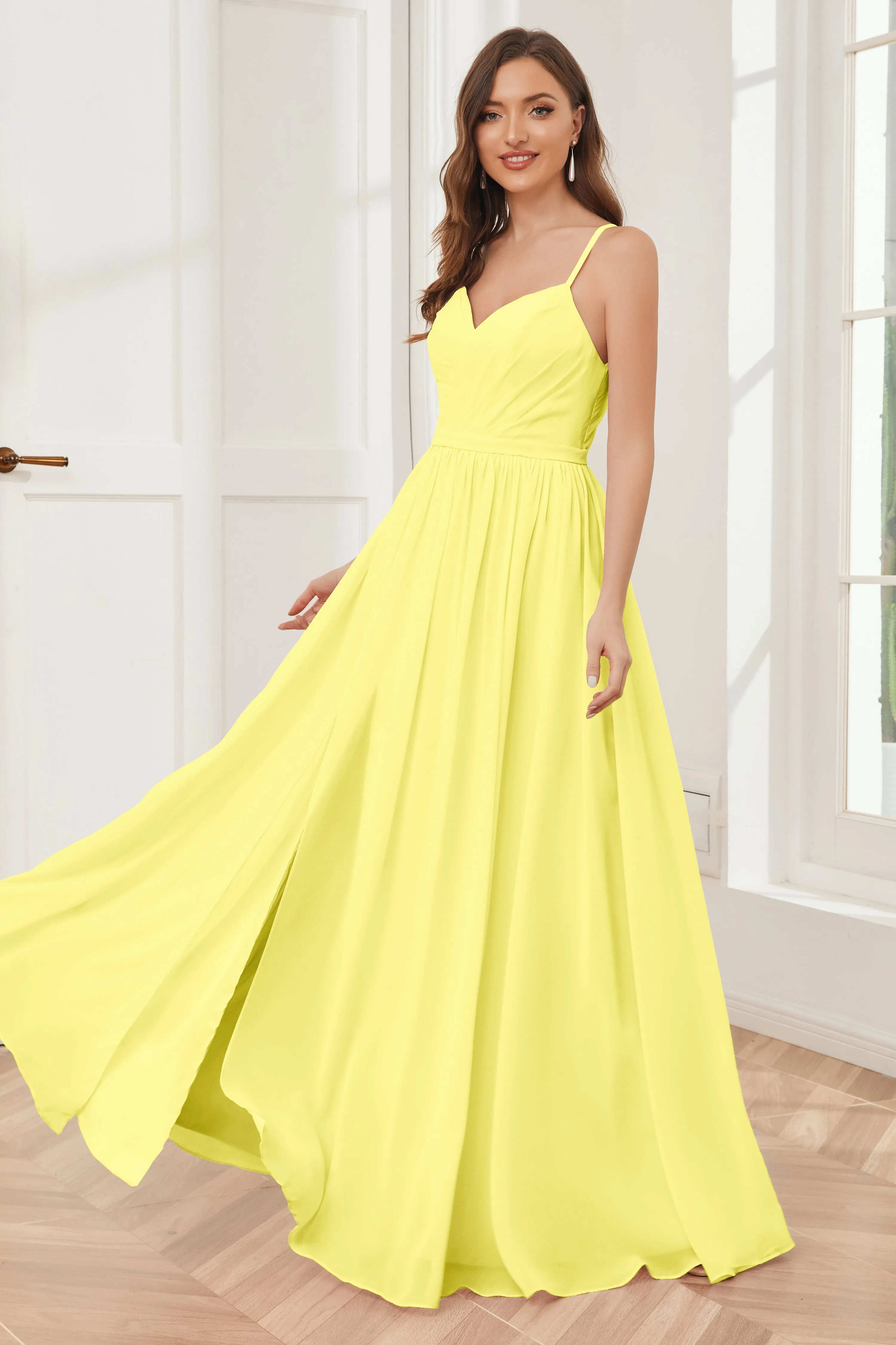 A-line Spaghetti Straps Chiffon Long Bridesmaid Dresses