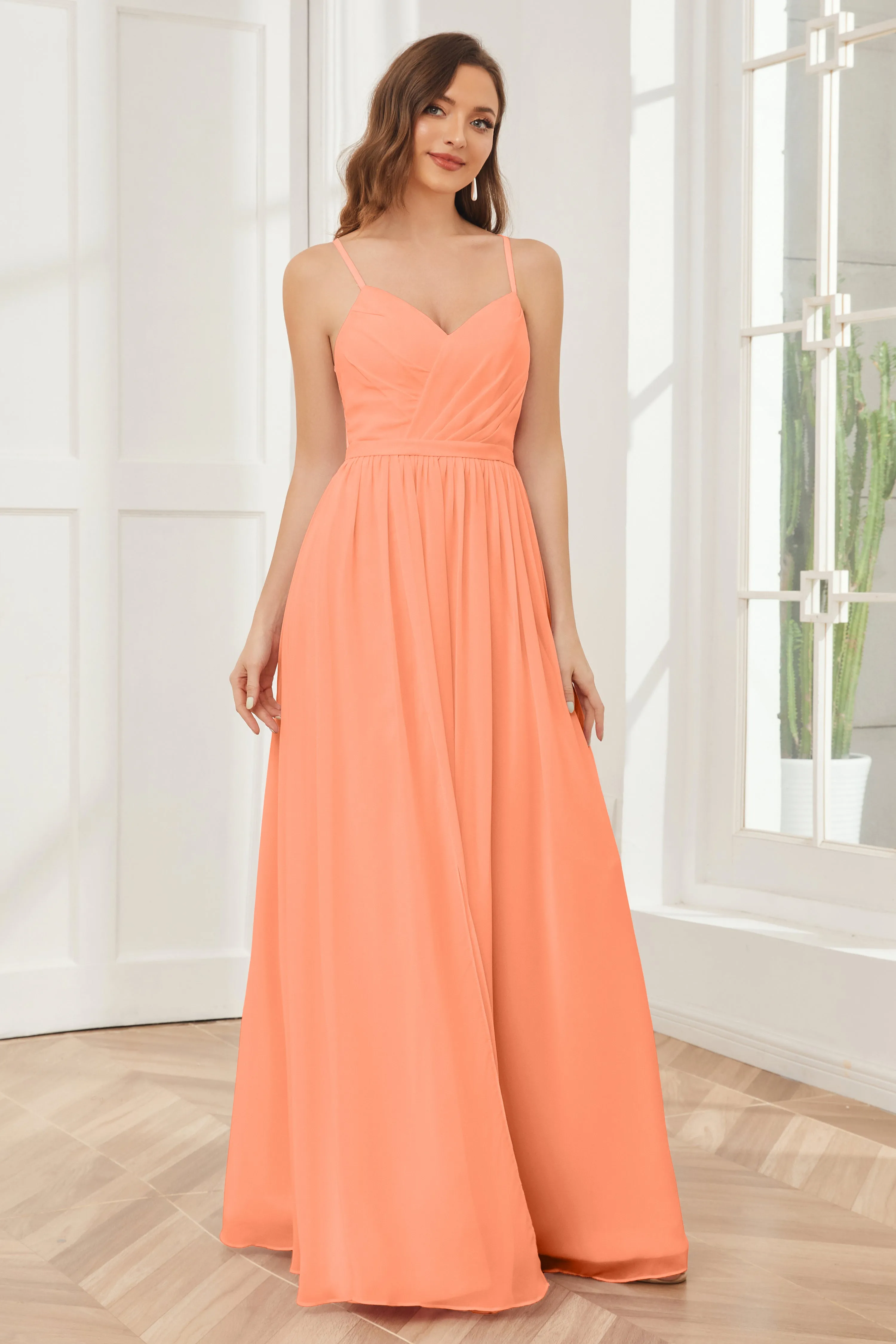 A-line Spaghetti Straps Chiffon Long Bridesmaid Dresses