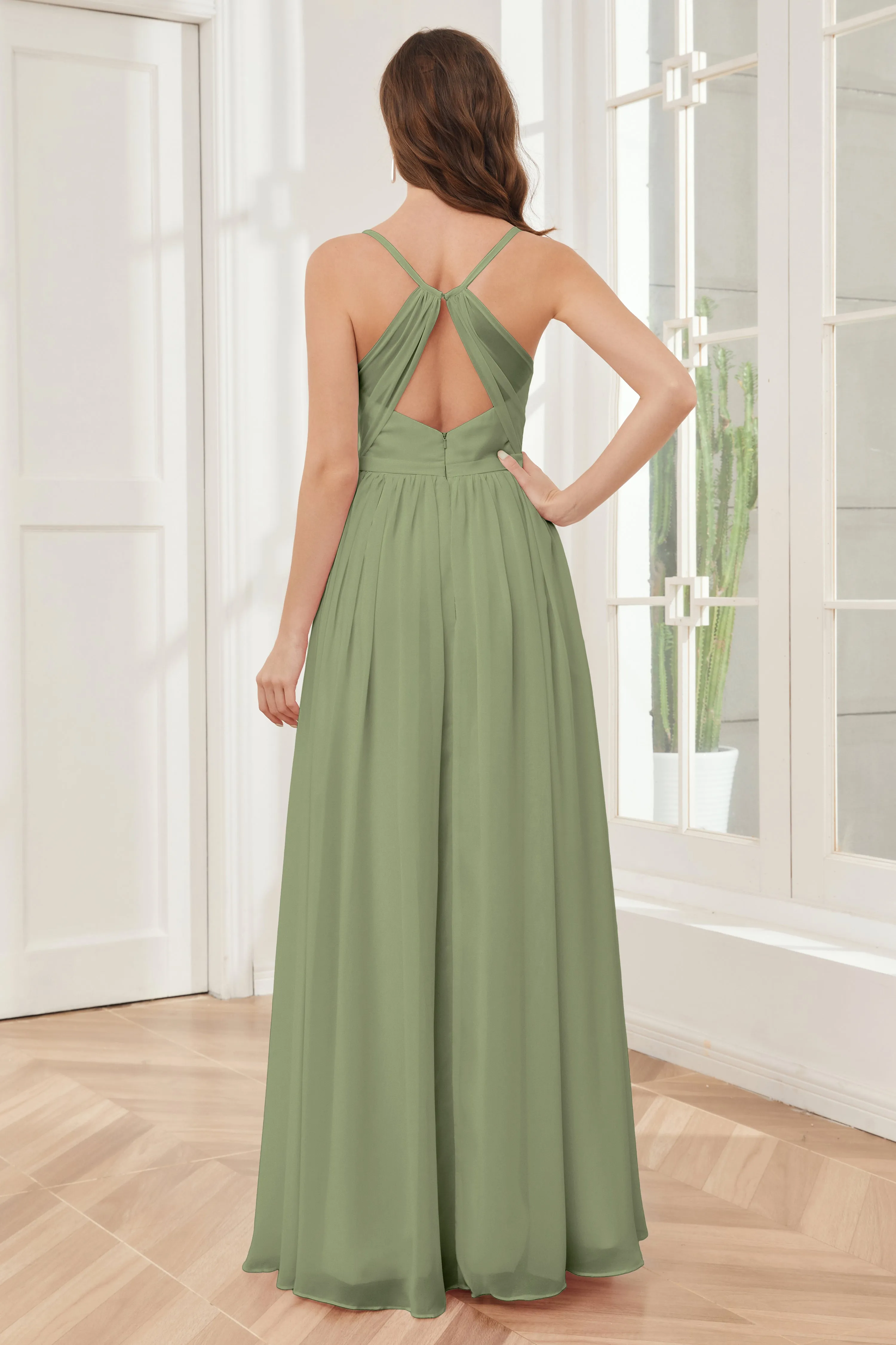 A-line Spaghetti Straps Chiffon Long Bridesmaid Dresses