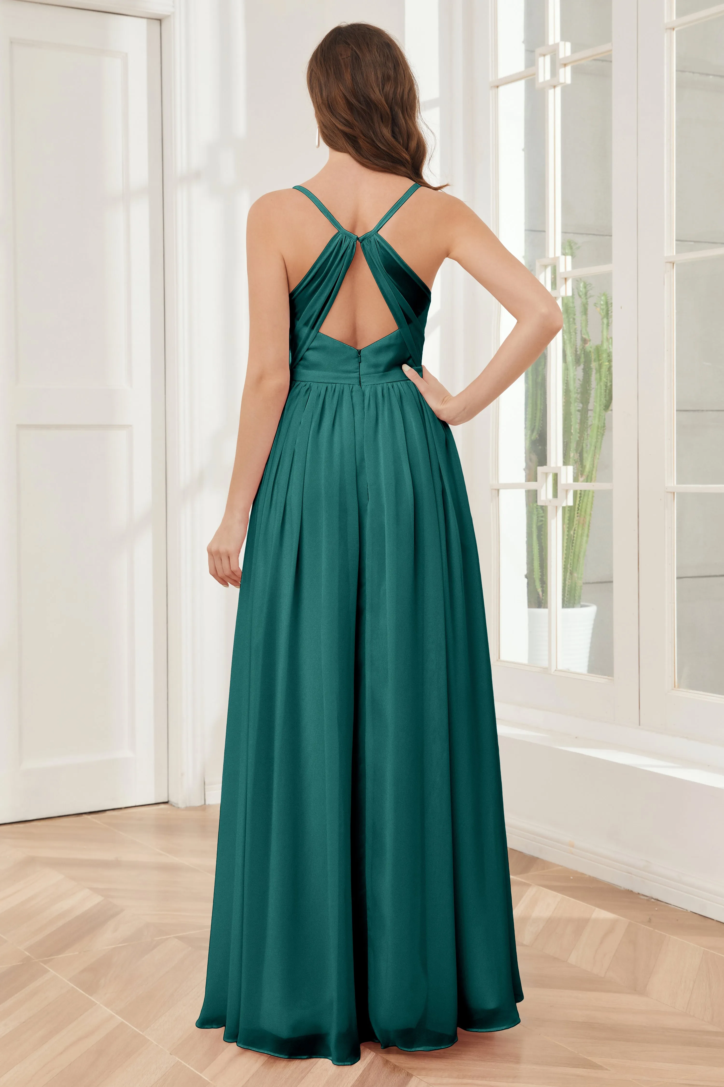 A-line Spaghetti Straps Chiffon Long Bridesmaid Dresses