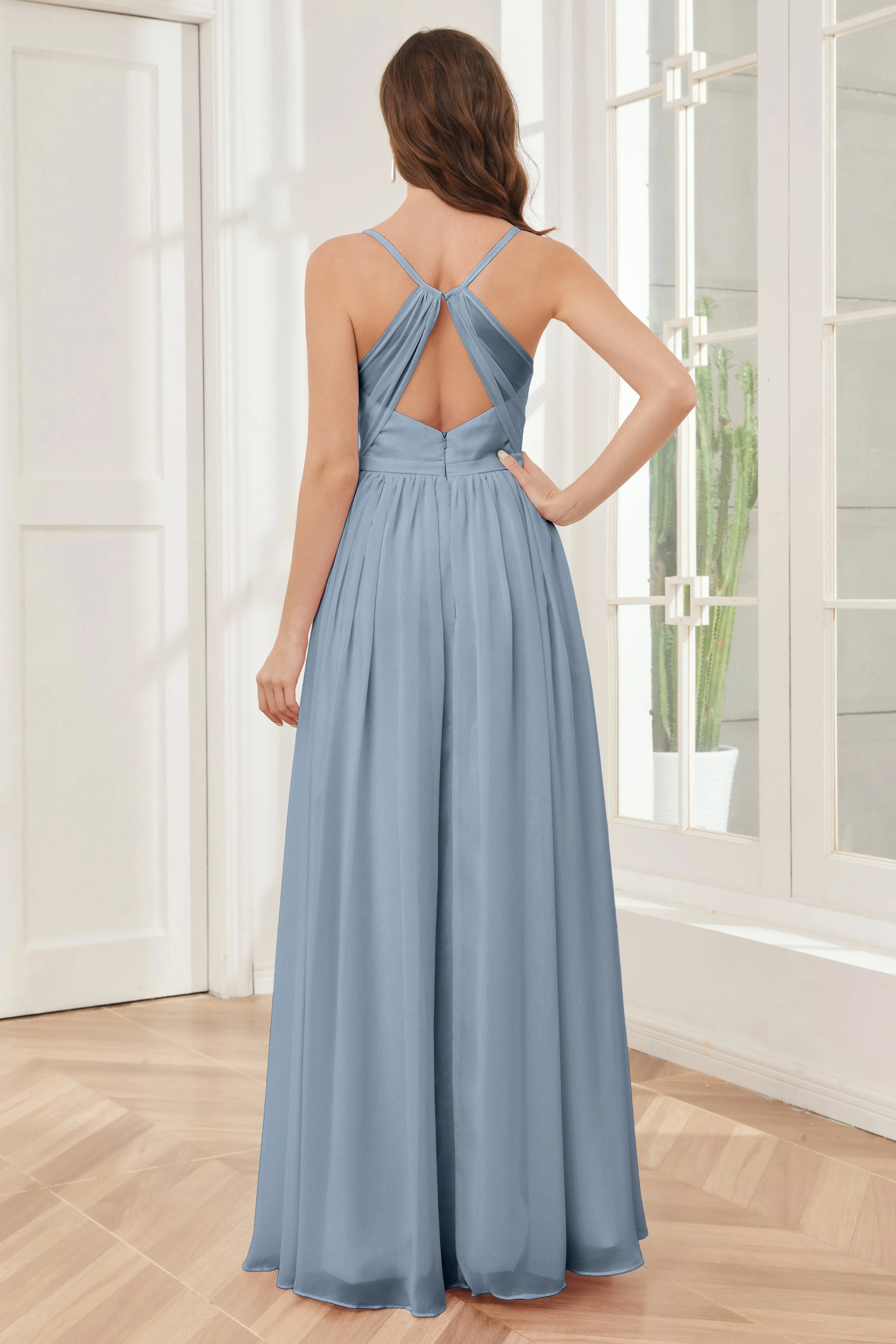 A-line Spaghetti Straps Chiffon Long Bridesmaid Dresses