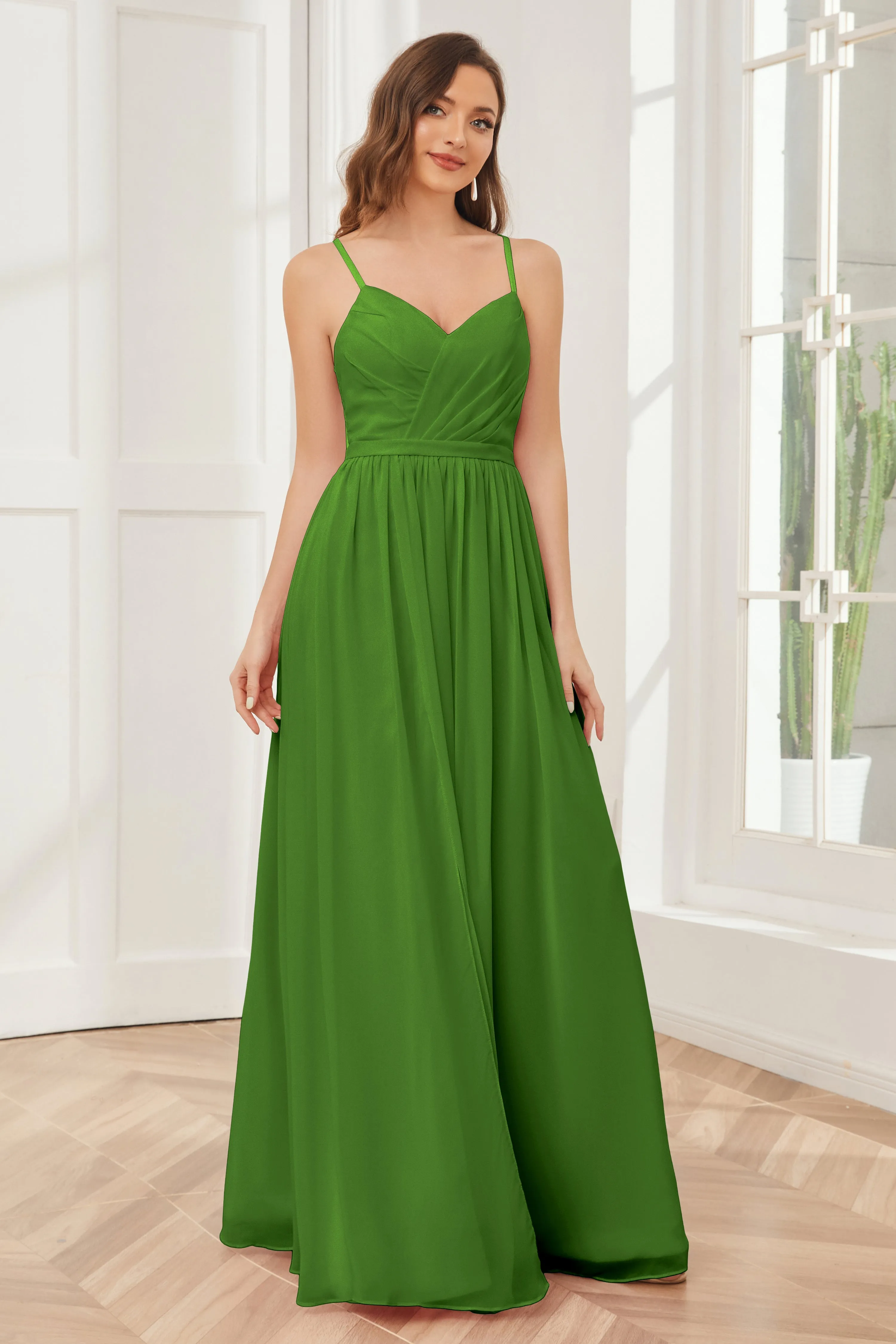 A-line Spaghetti Straps Chiffon Long Bridesmaid Dresses