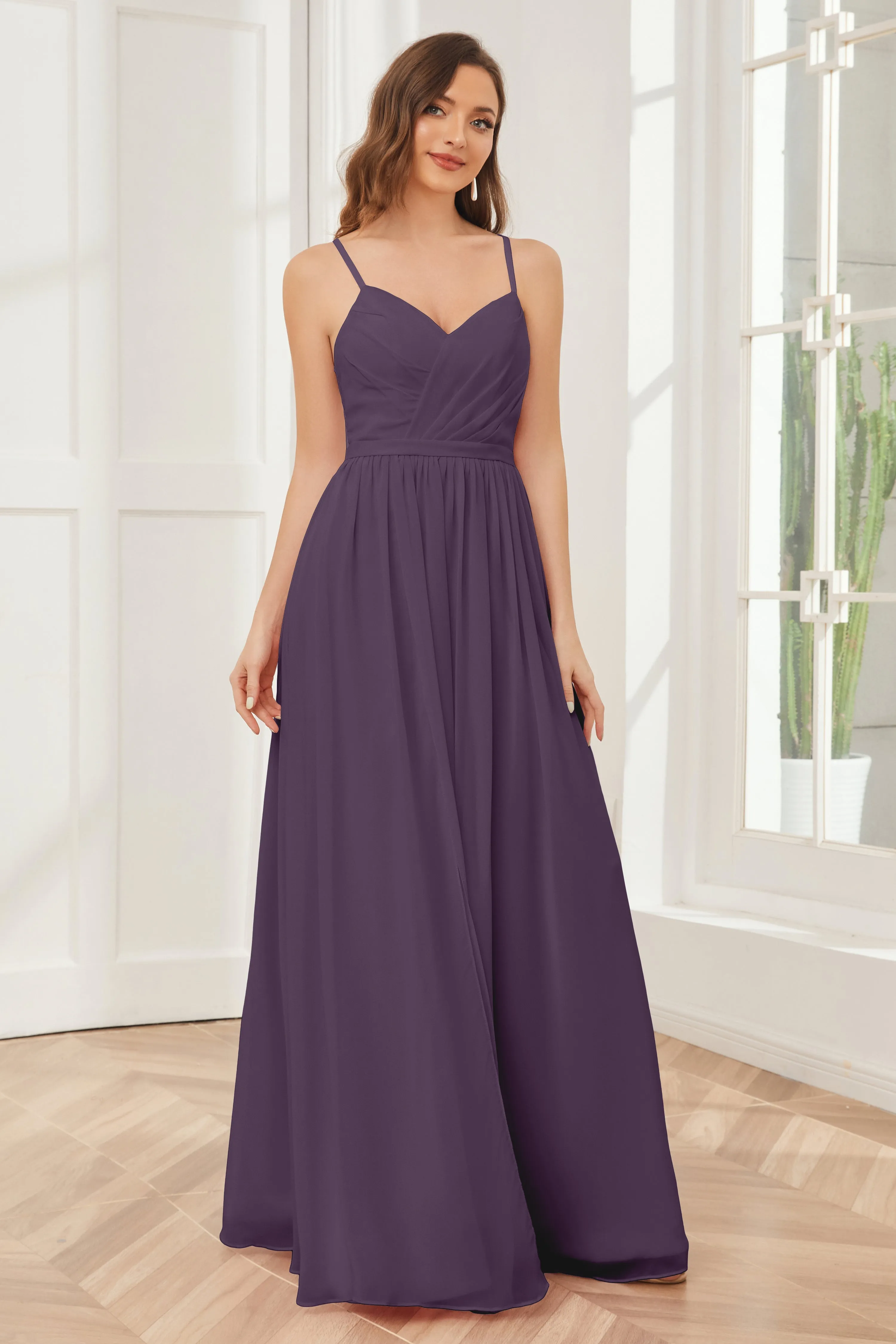 A-line Spaghetti Straps Chiffon Long Bridesmaid Dresses