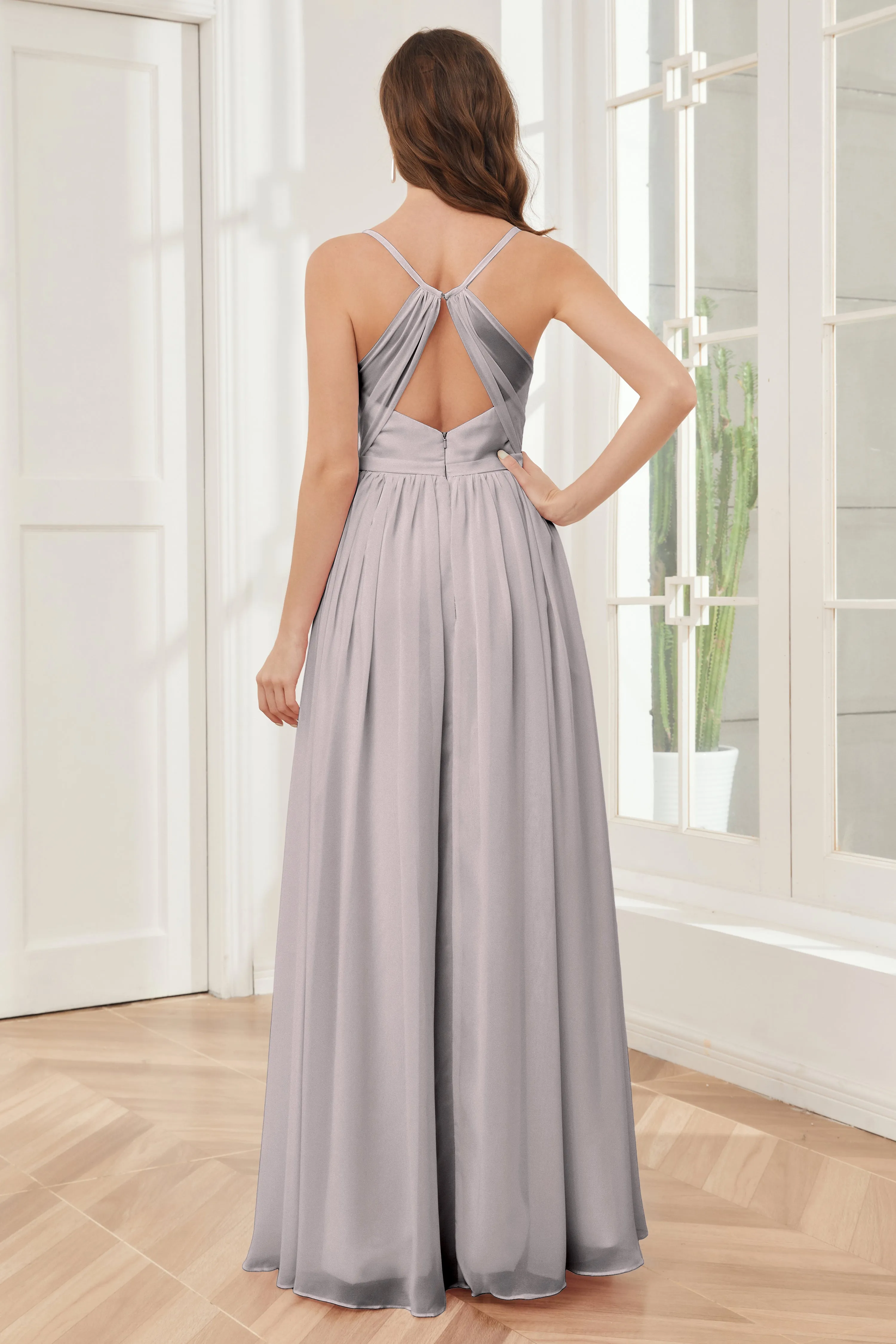 A-line Spaghetti Straps Chiffon Long Bridesmaid Dresses