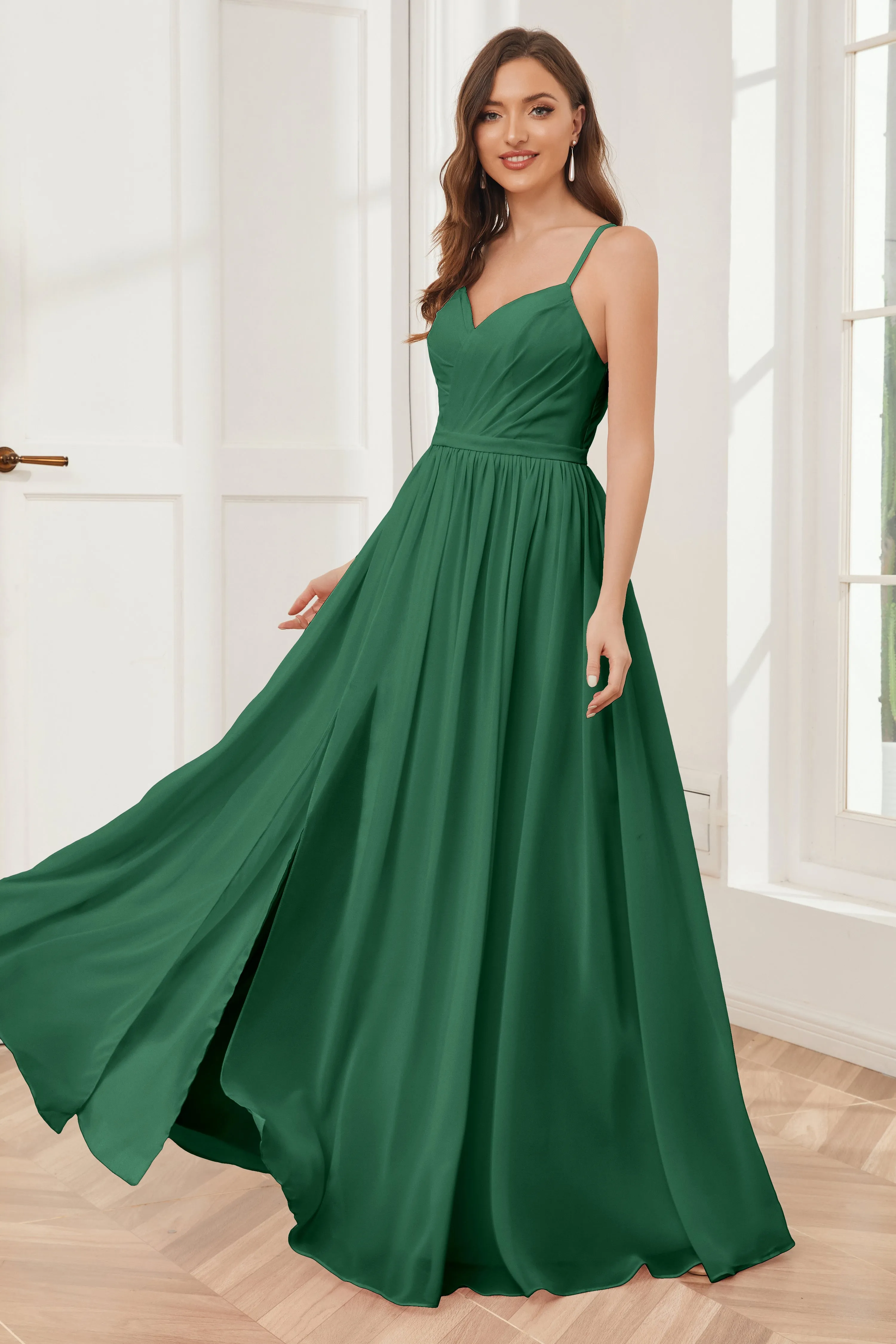 A-line Spaghetti Straps Chiffon Long Bridesmaid Dresses