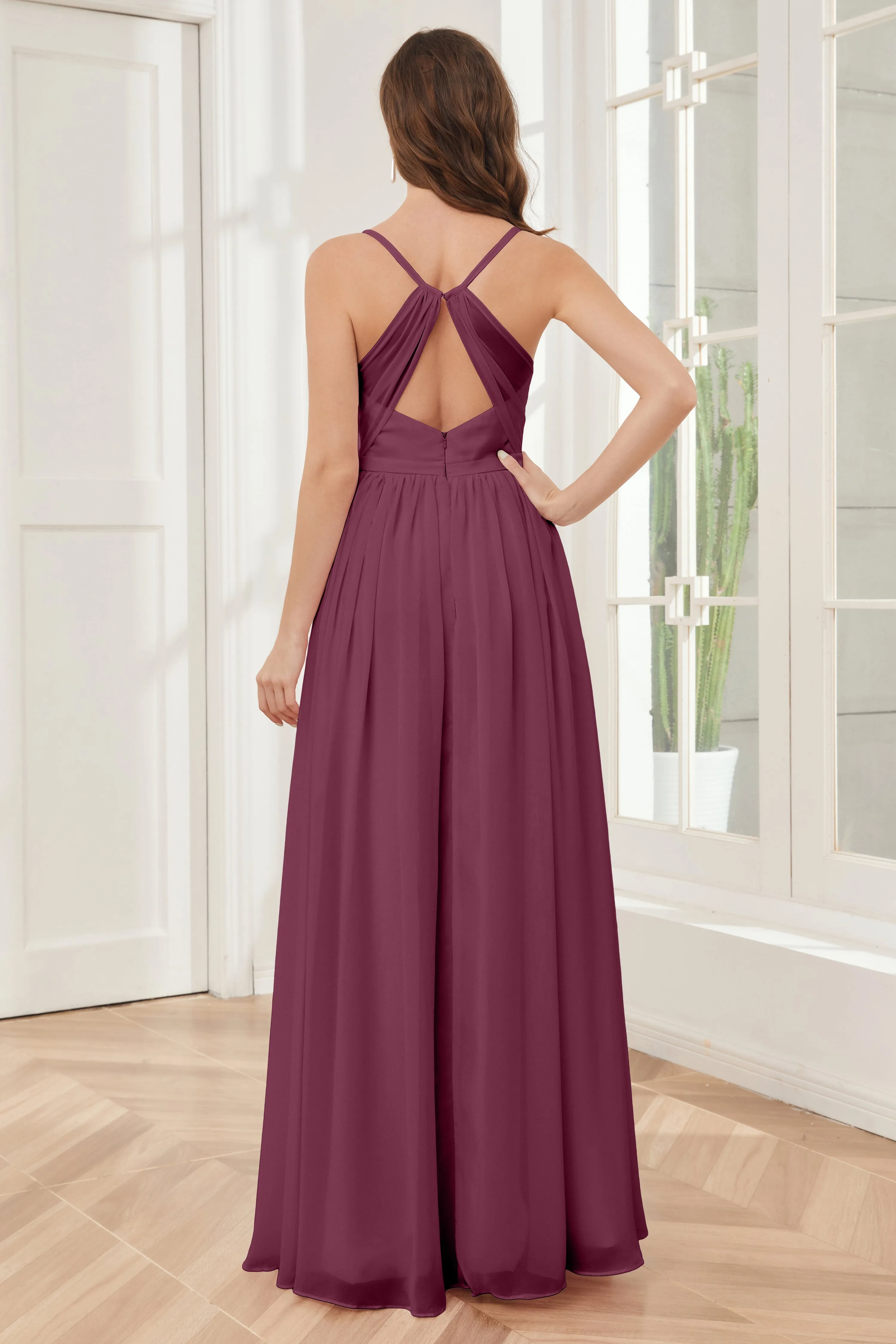 A-line Spaghetti Straps Chiffon Long Bridesmaid Dresses