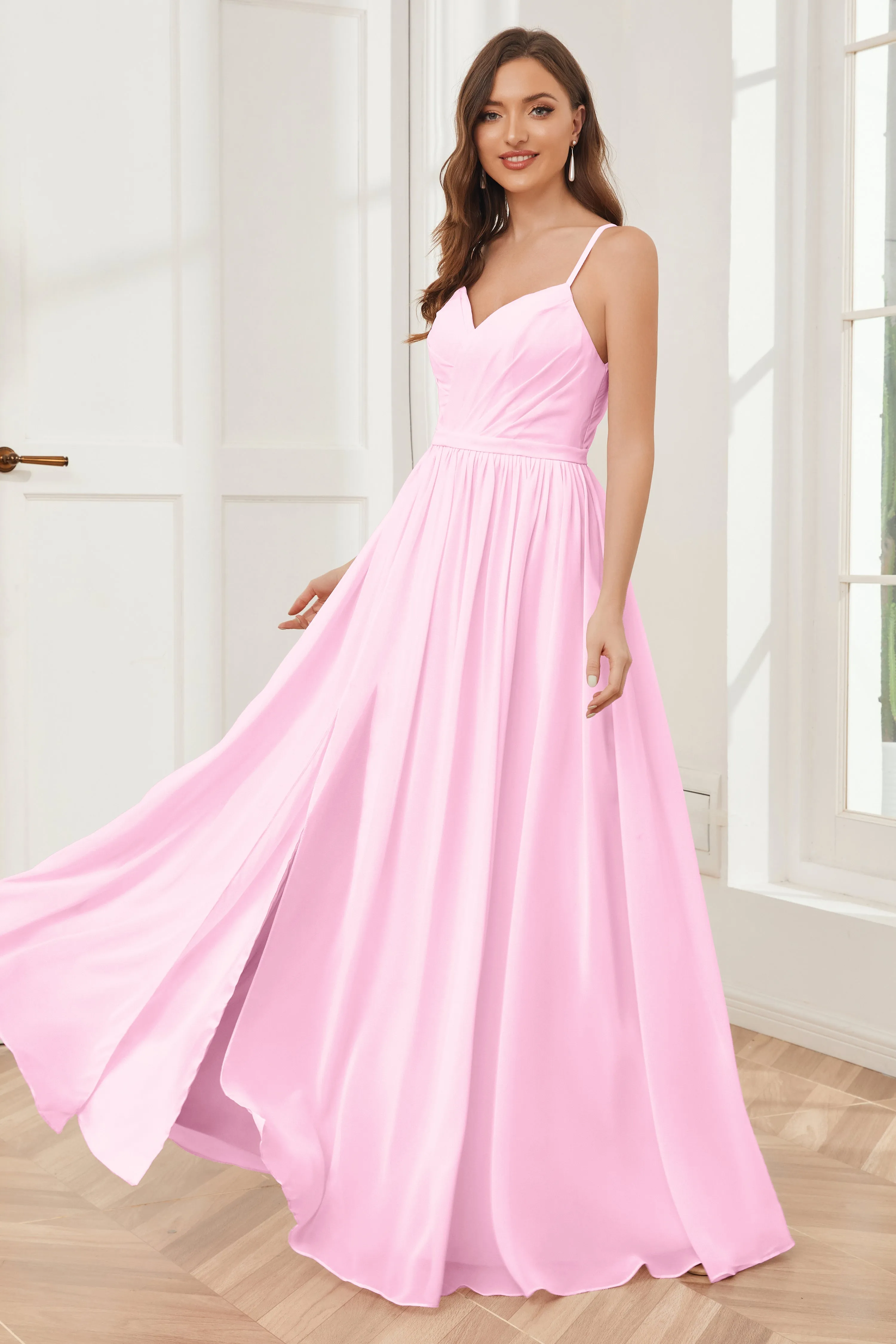 A-line Spaghetti Straps Chiffon Long Bridesmaid Dresses