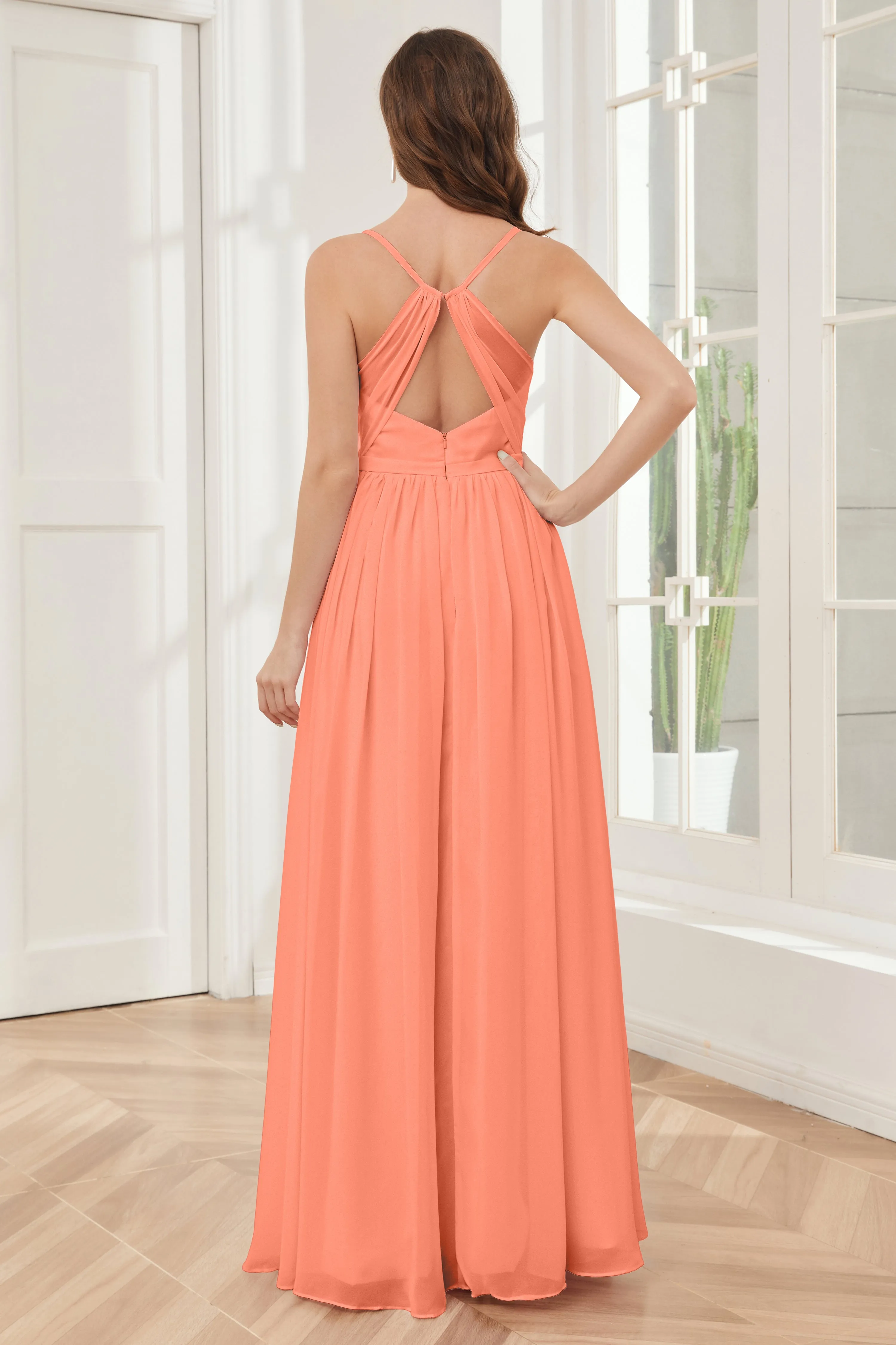 A-line Spaghetti Straps Chiffon Long Bridesmaid Dresses