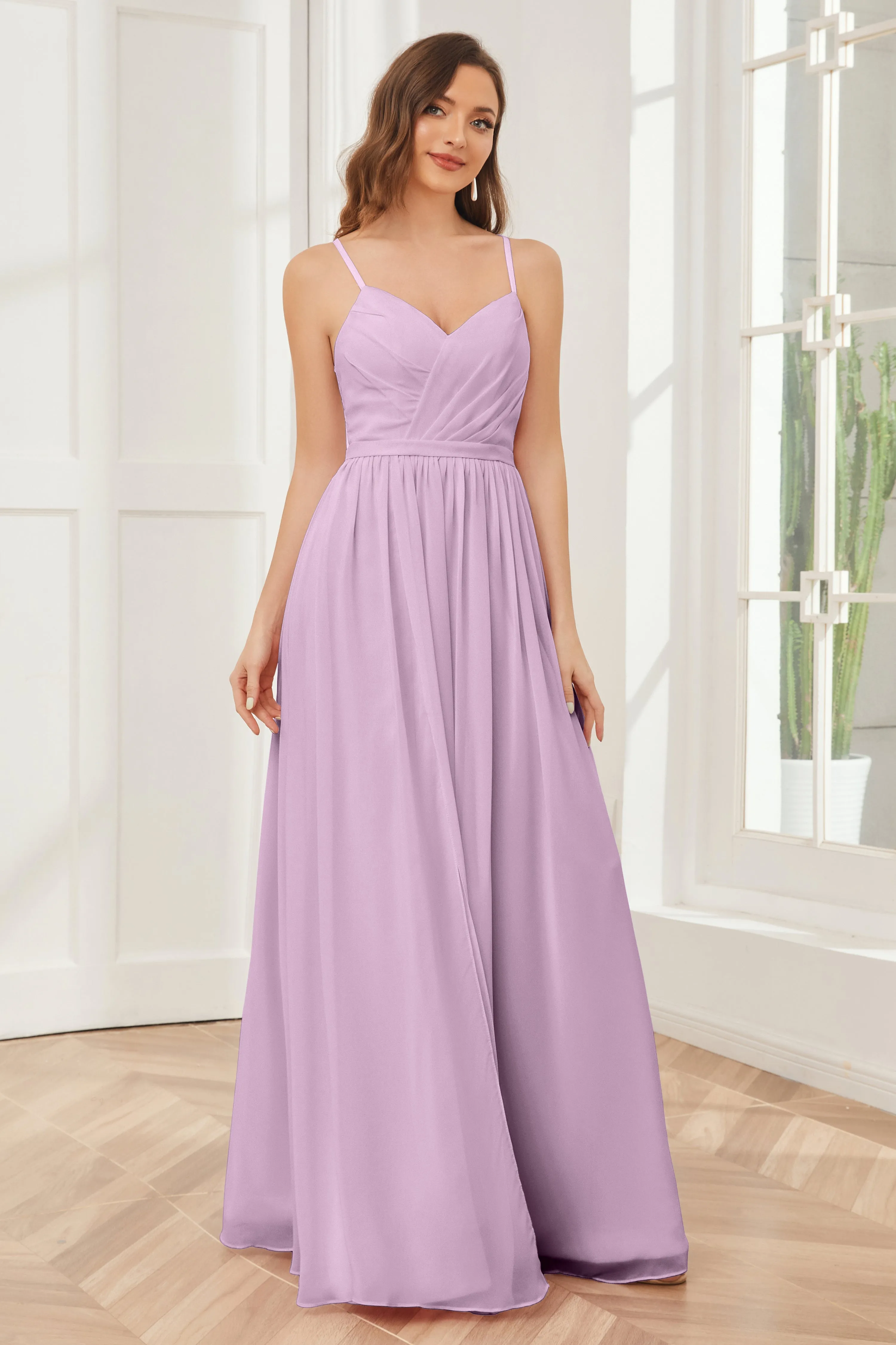 A-line Spaghetti Straps Chiffon Long Bridesmaid Dresses