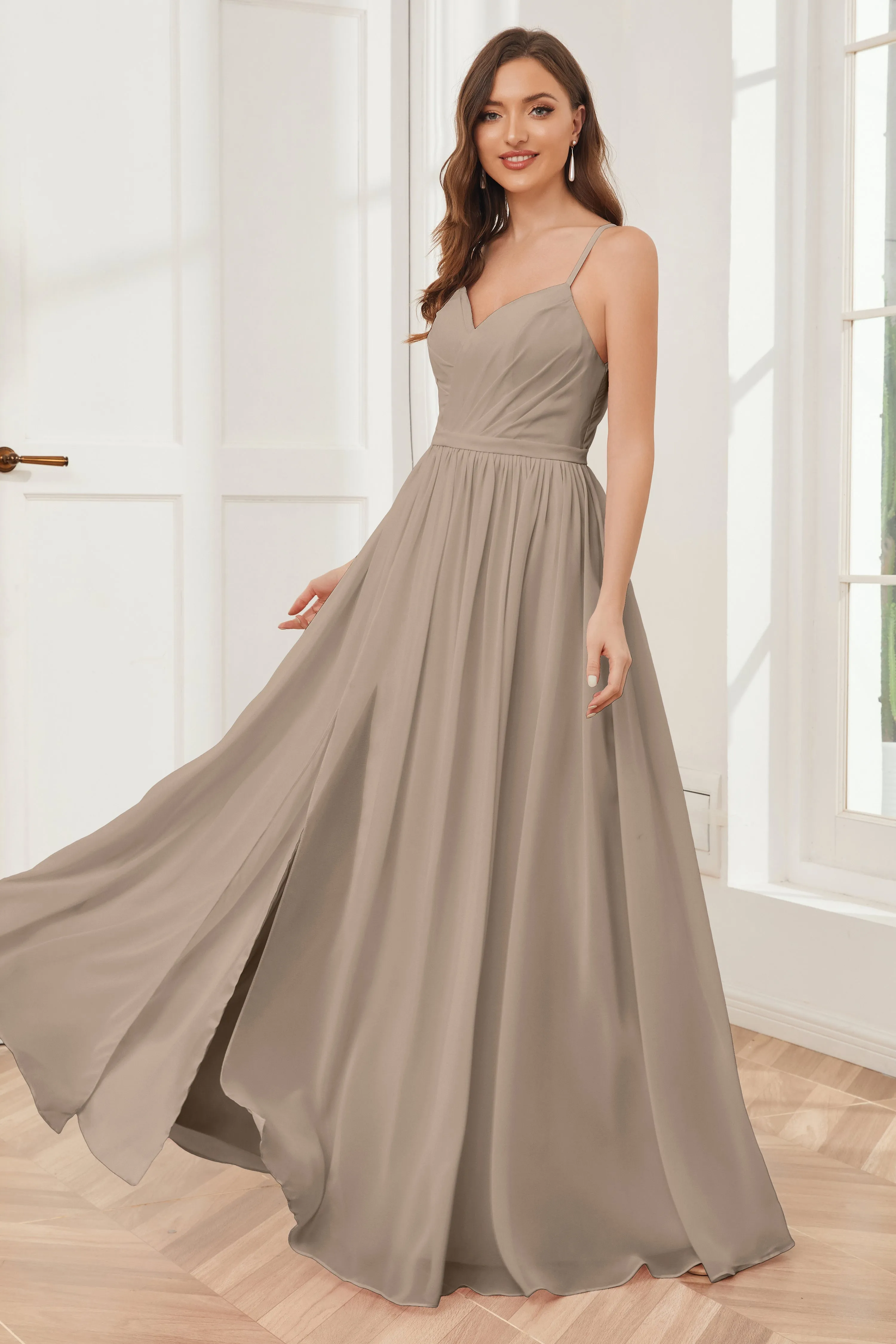 A-line Spaghetti Straps Chiffon Long Bridesmaid Dresses