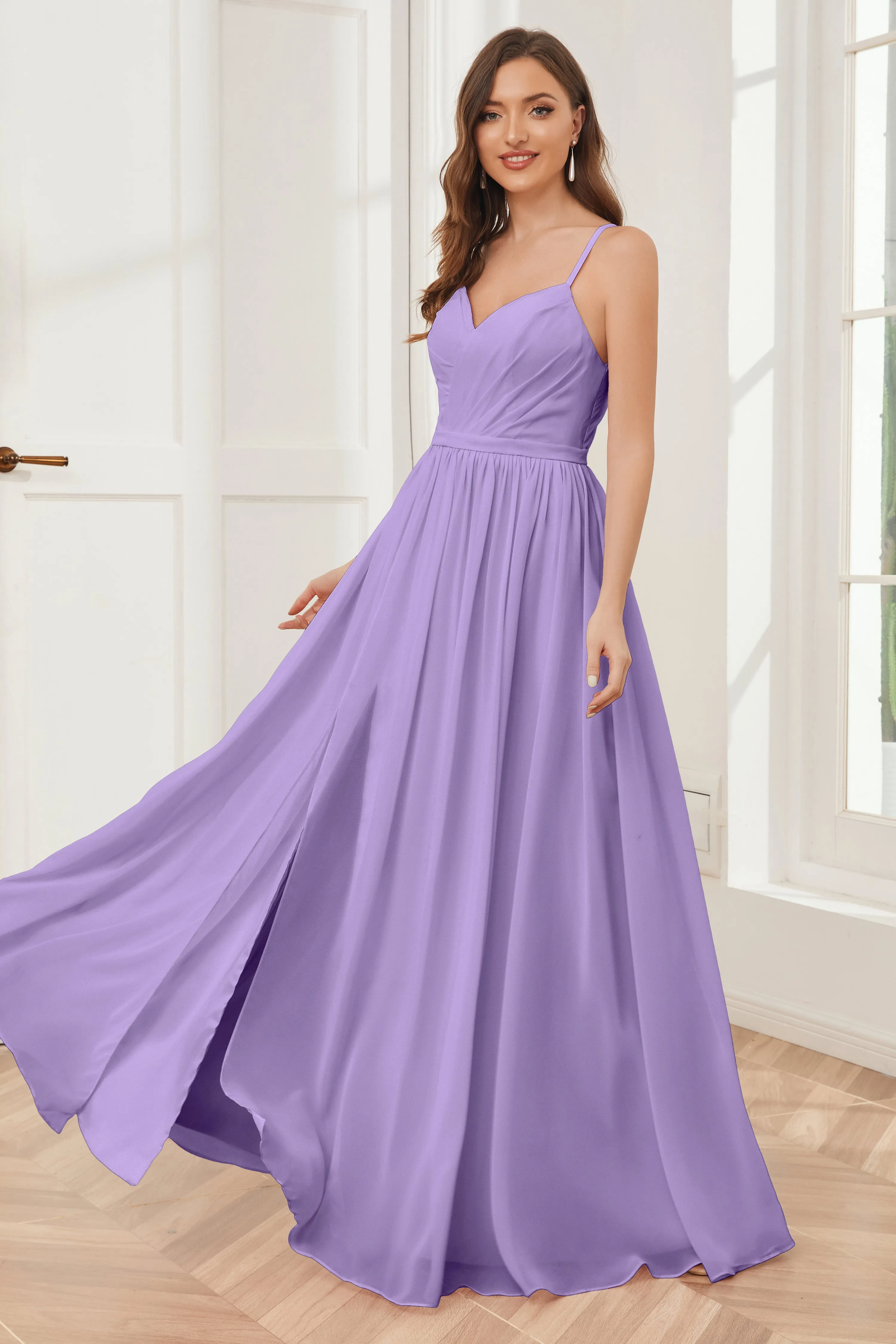 A-line Spaghetti Straps Chiffon Long Bridesmaid Dresses