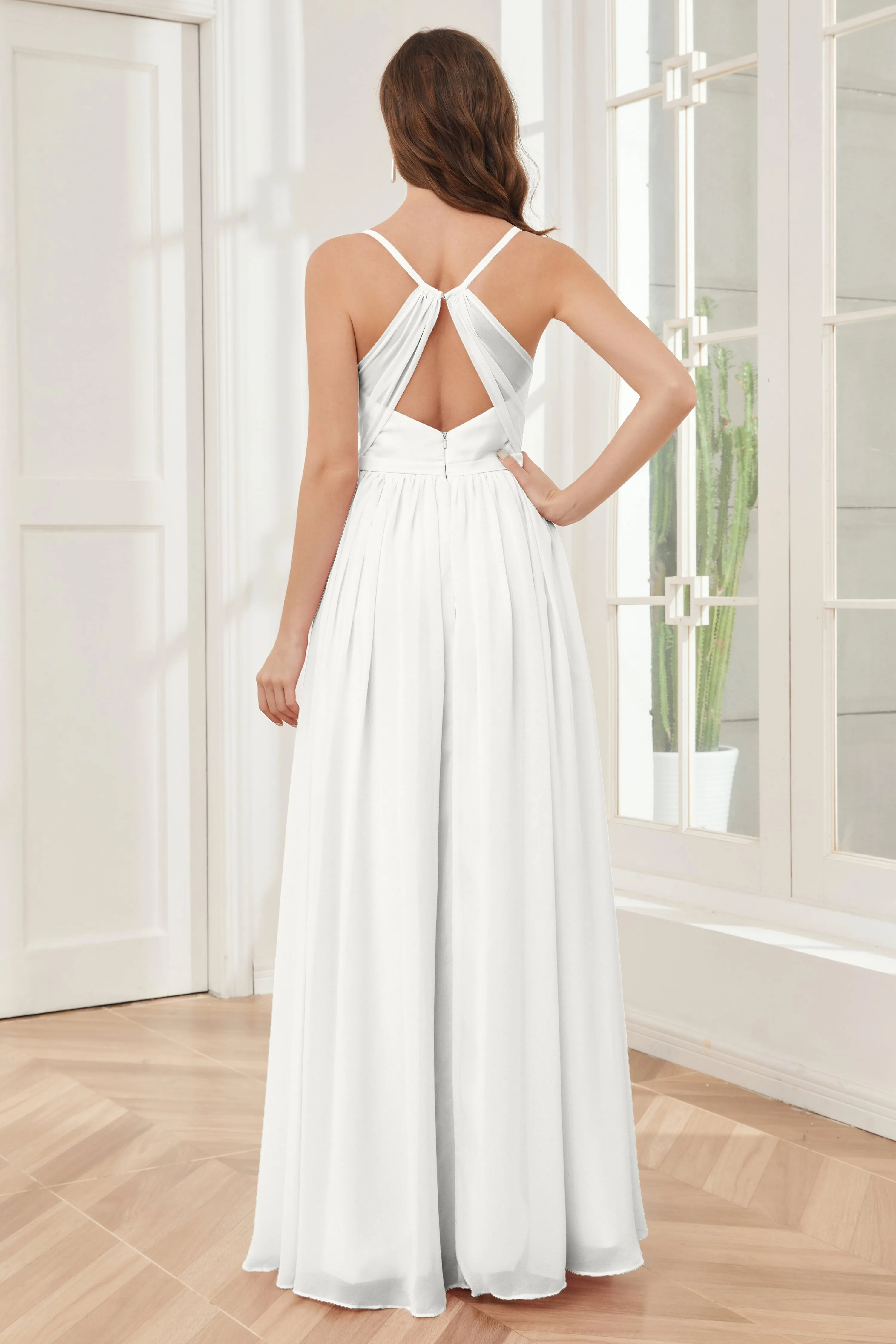 A-line Spaghetti Straps Chiffon Long Bridesmaid Dresses