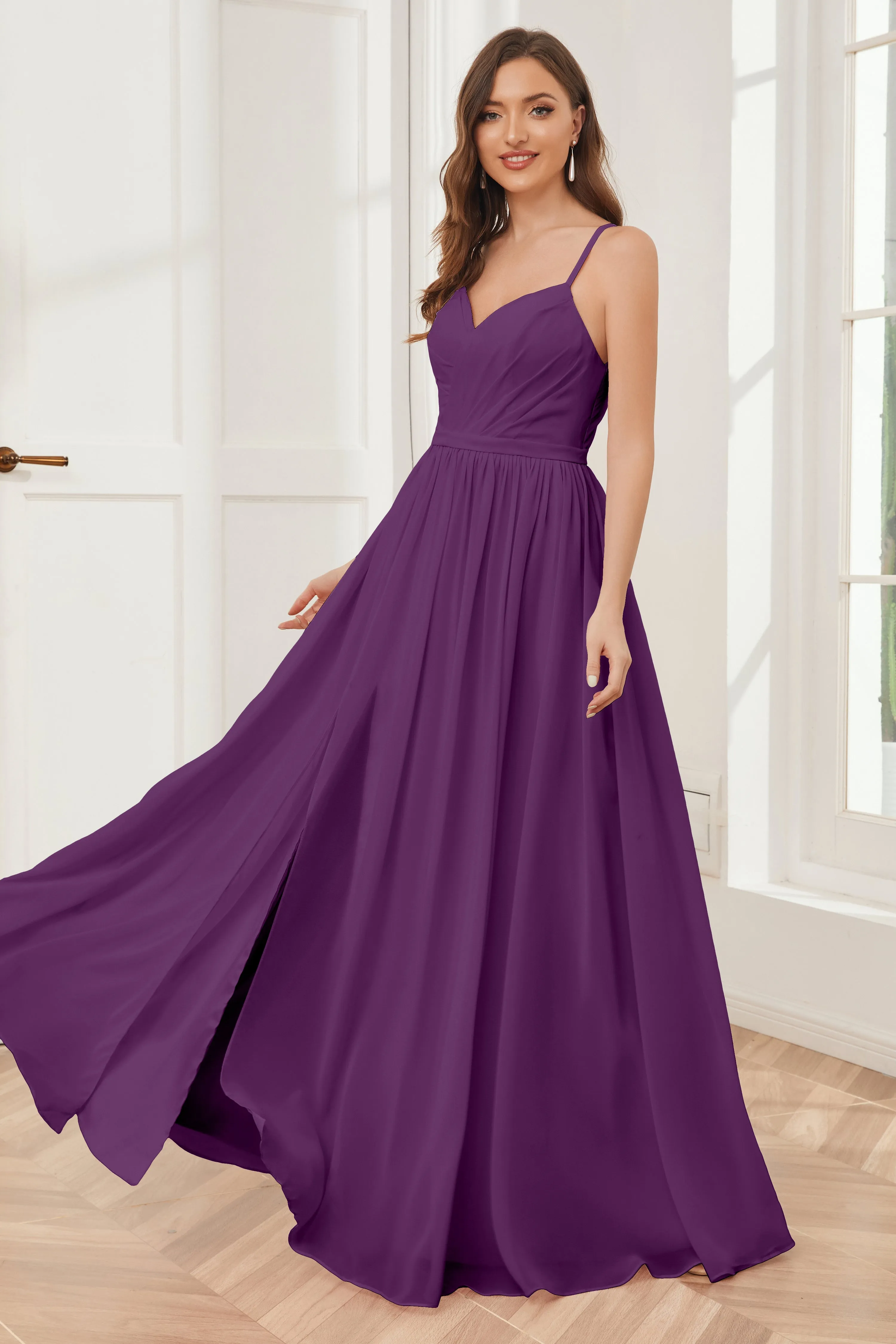 A-line Spaghetti Straps Chiffon Long Bridesmaid Dresses