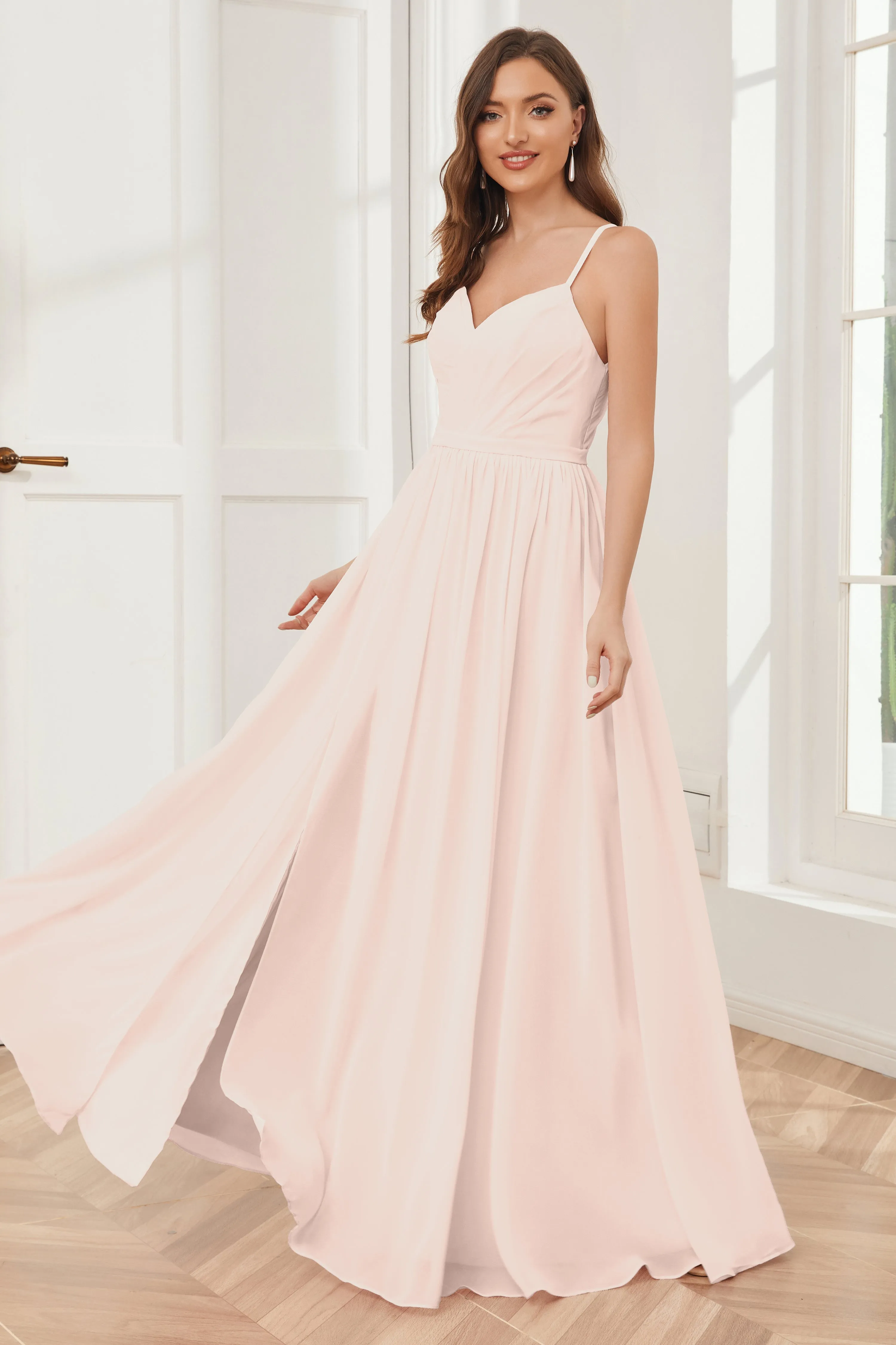 A-line Spaghetti Straps Chiffon Long Bridesmaid Dresses