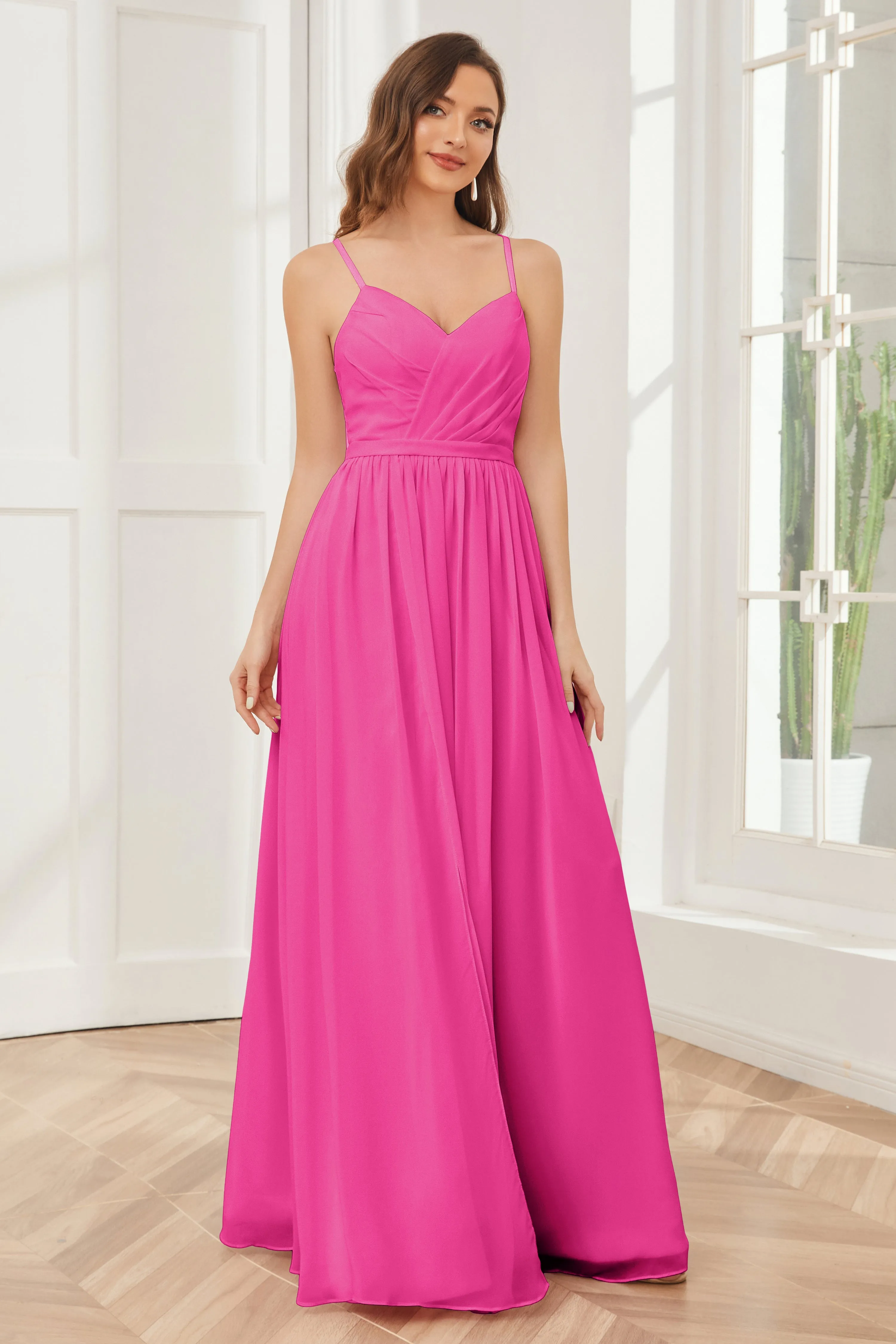 A-line Spaghetti Straps Chiffon Long Bridesmaid Dresses