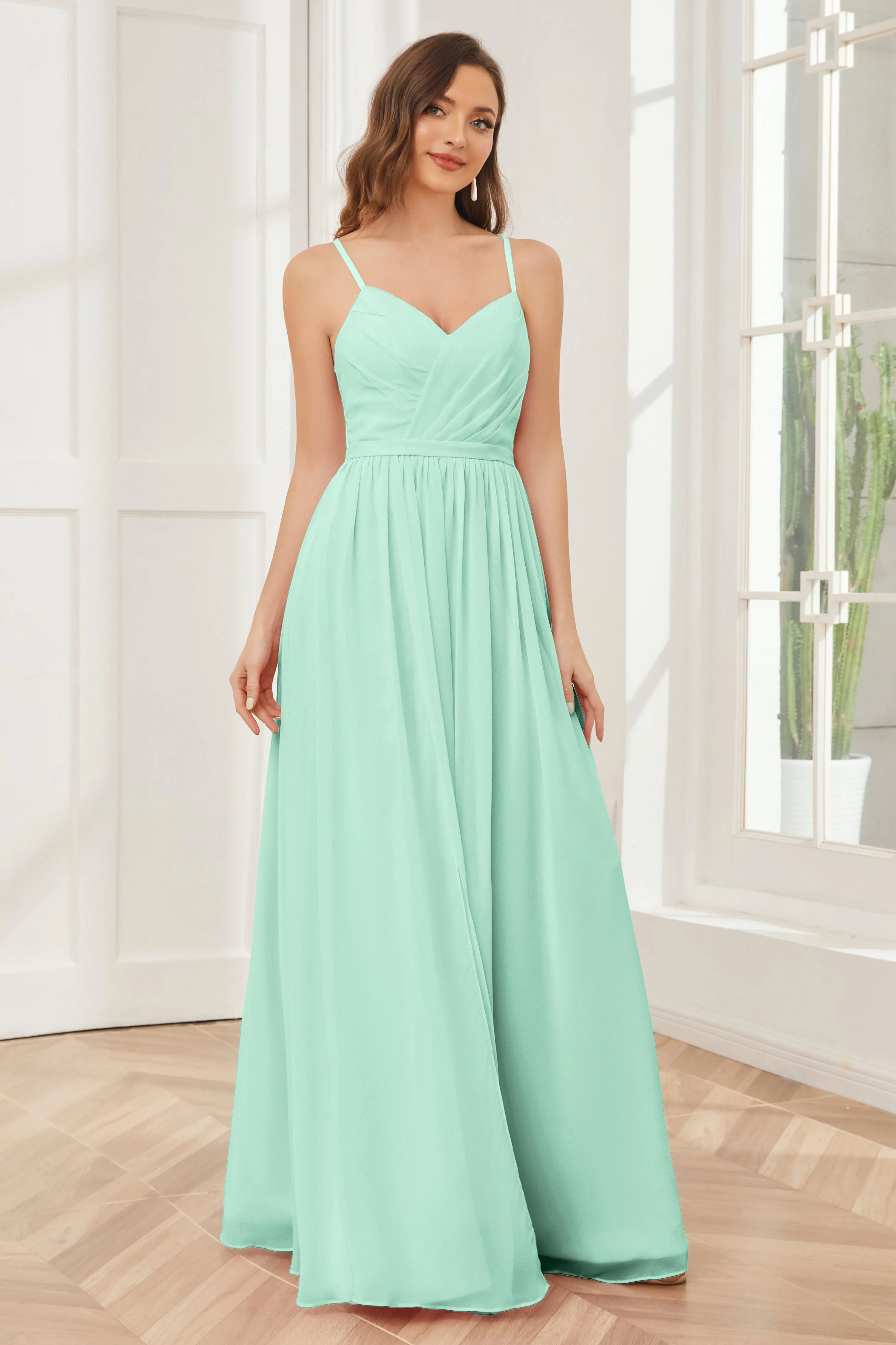 A-line Spaghetti Straps Chiffon Long Bridesmaid Dresses