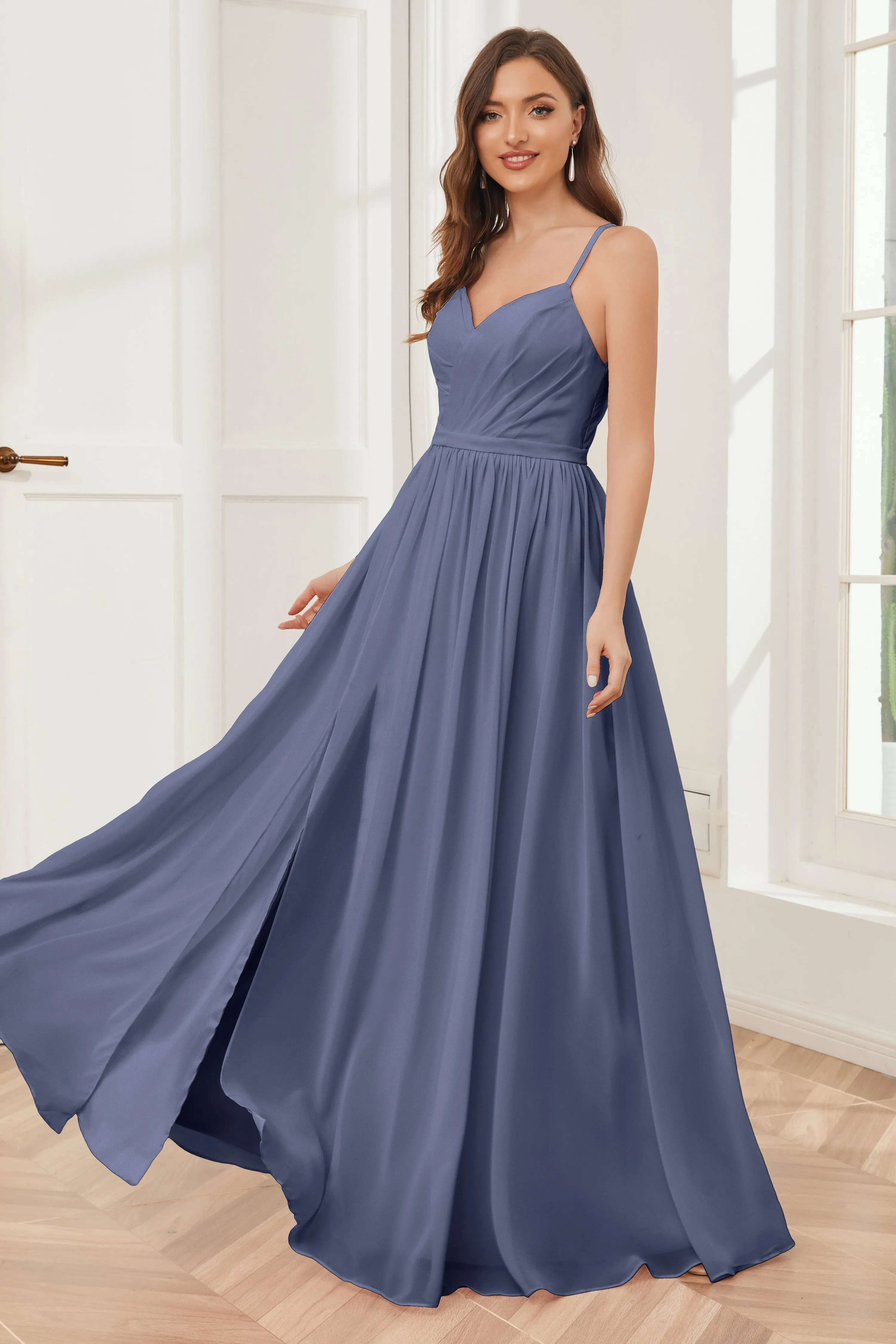 A-line Spaghetti Straps Chiffon Long Bridesmaid Dresses