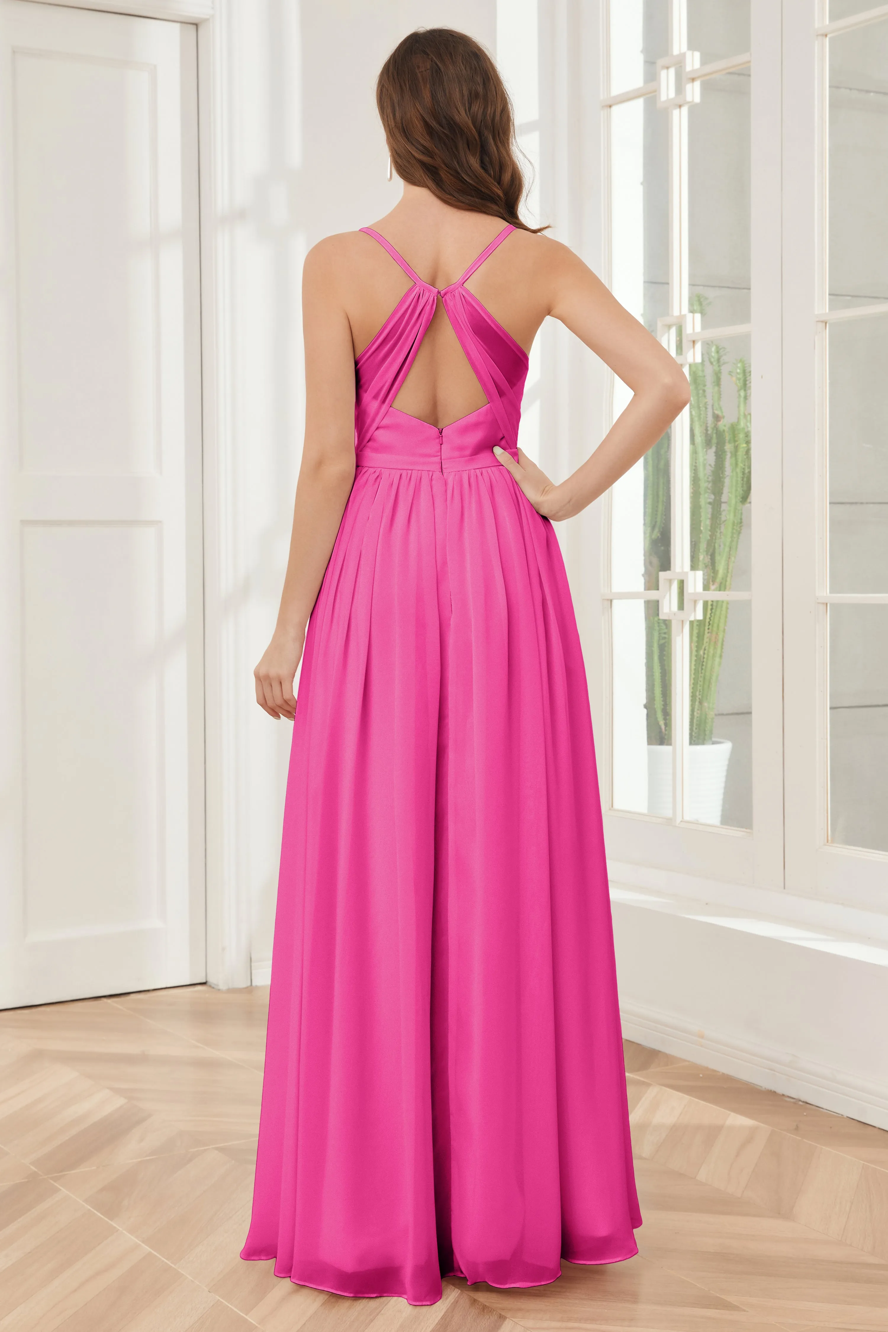 A-line Spaghetti Straps Chiffon Long Bridesmaid Dresses