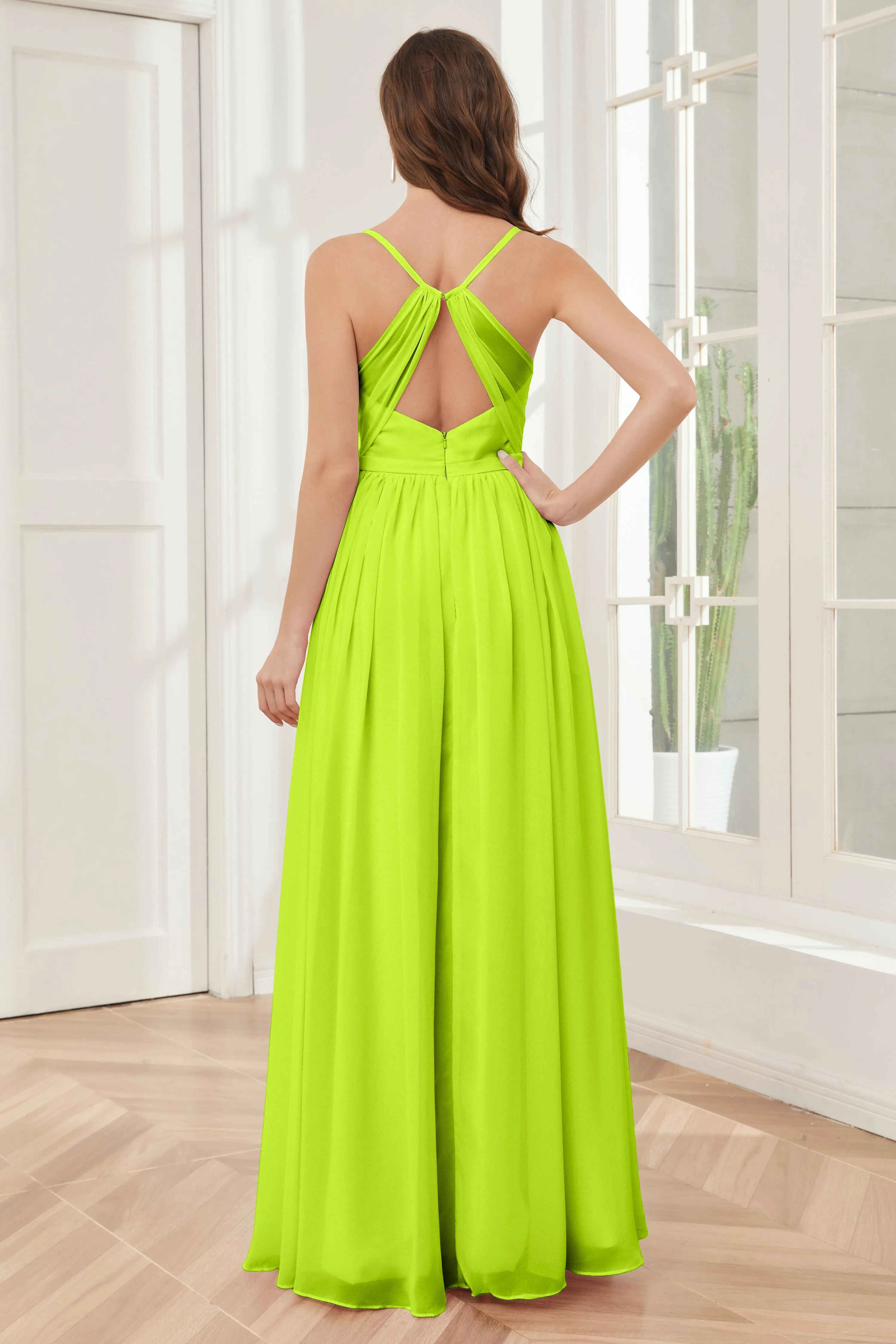 A-line Spaghetti Straps Chiffon Long Bridesmaid Dresses