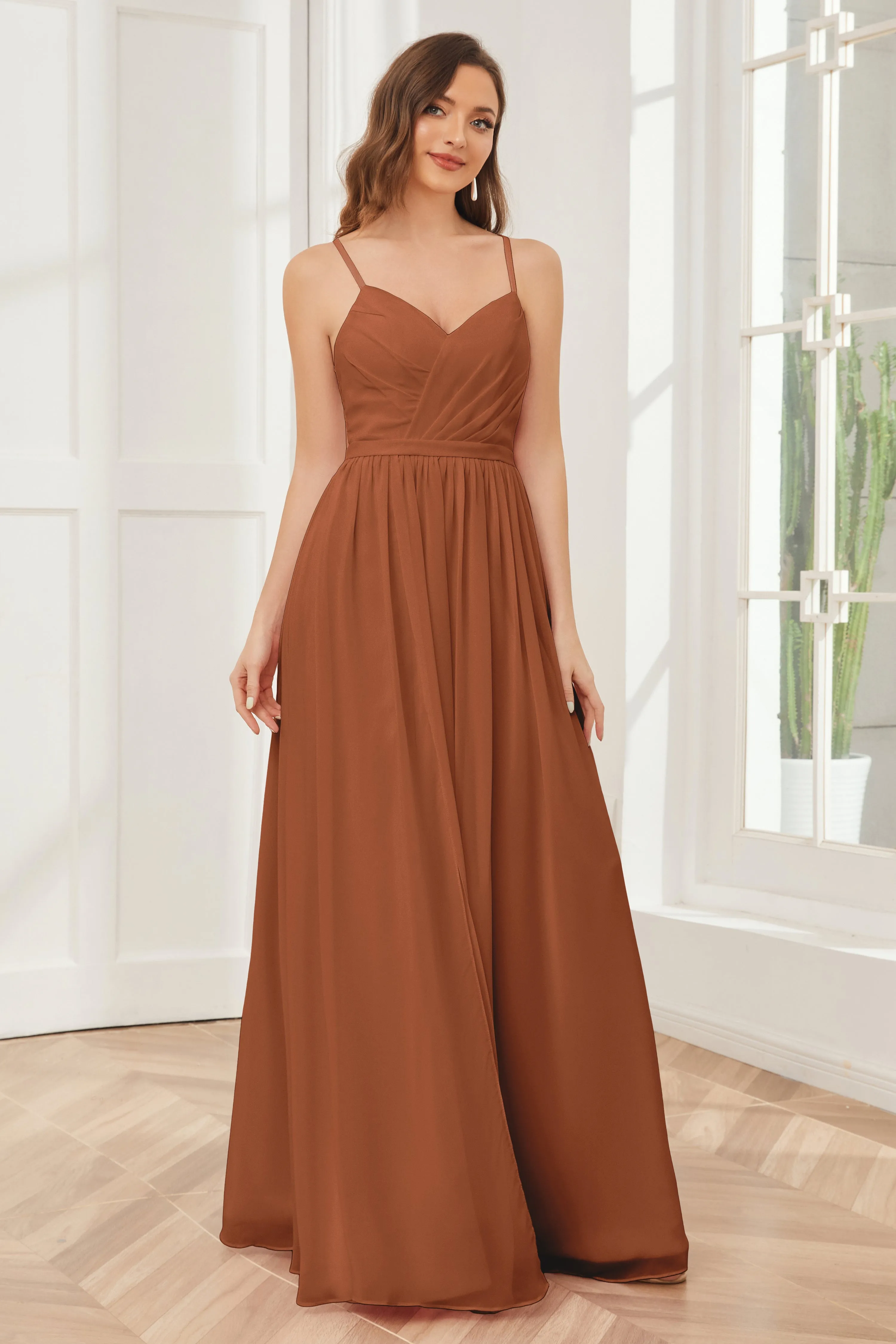 A-line Spaghetti Straps Chiffon Long Bridesmaid Dresses