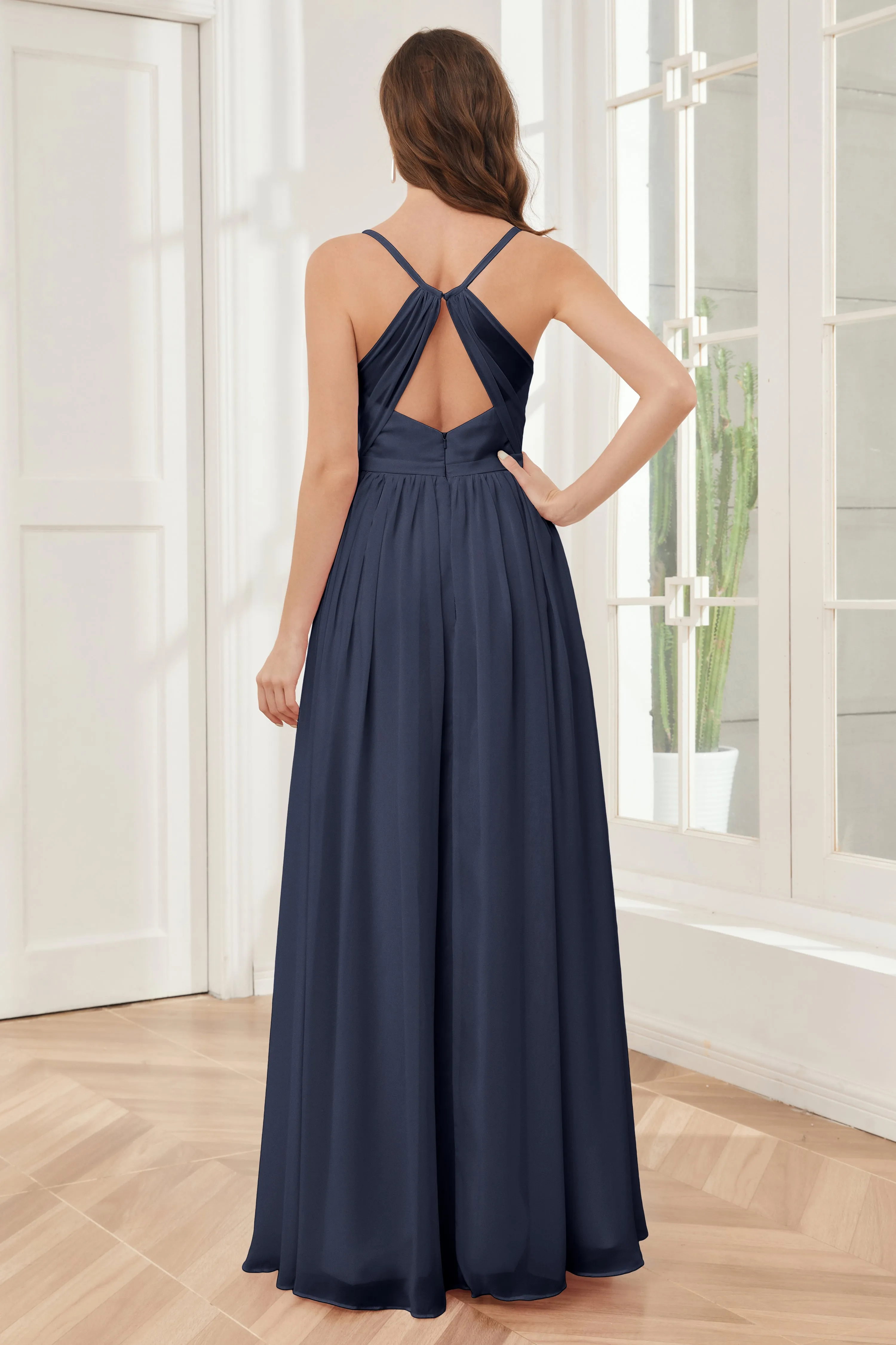 A-line Spaghetti Straps Chiffon Long Bridesmaid Dresses