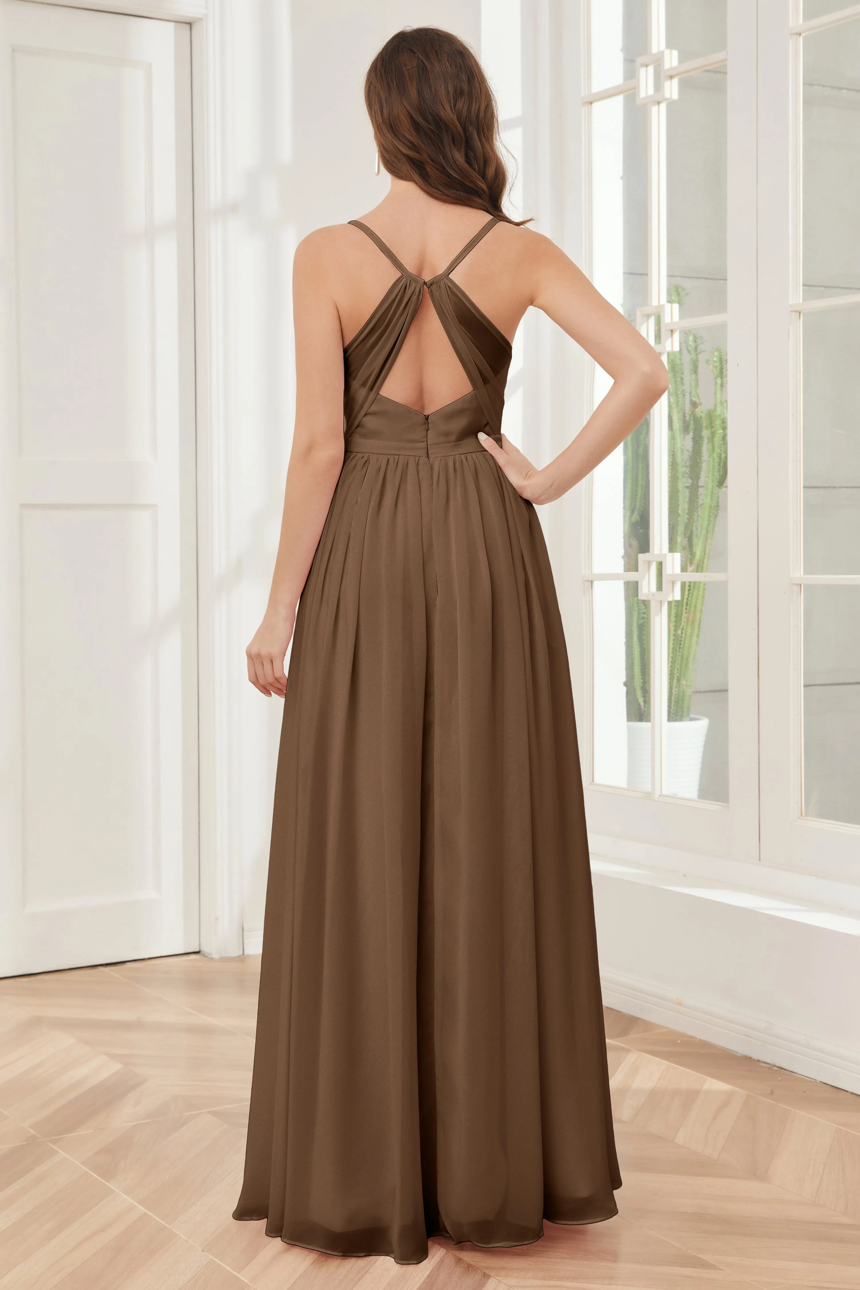 A-line Spaghetti Straps Chiffon Long Bridesmaid Dresses