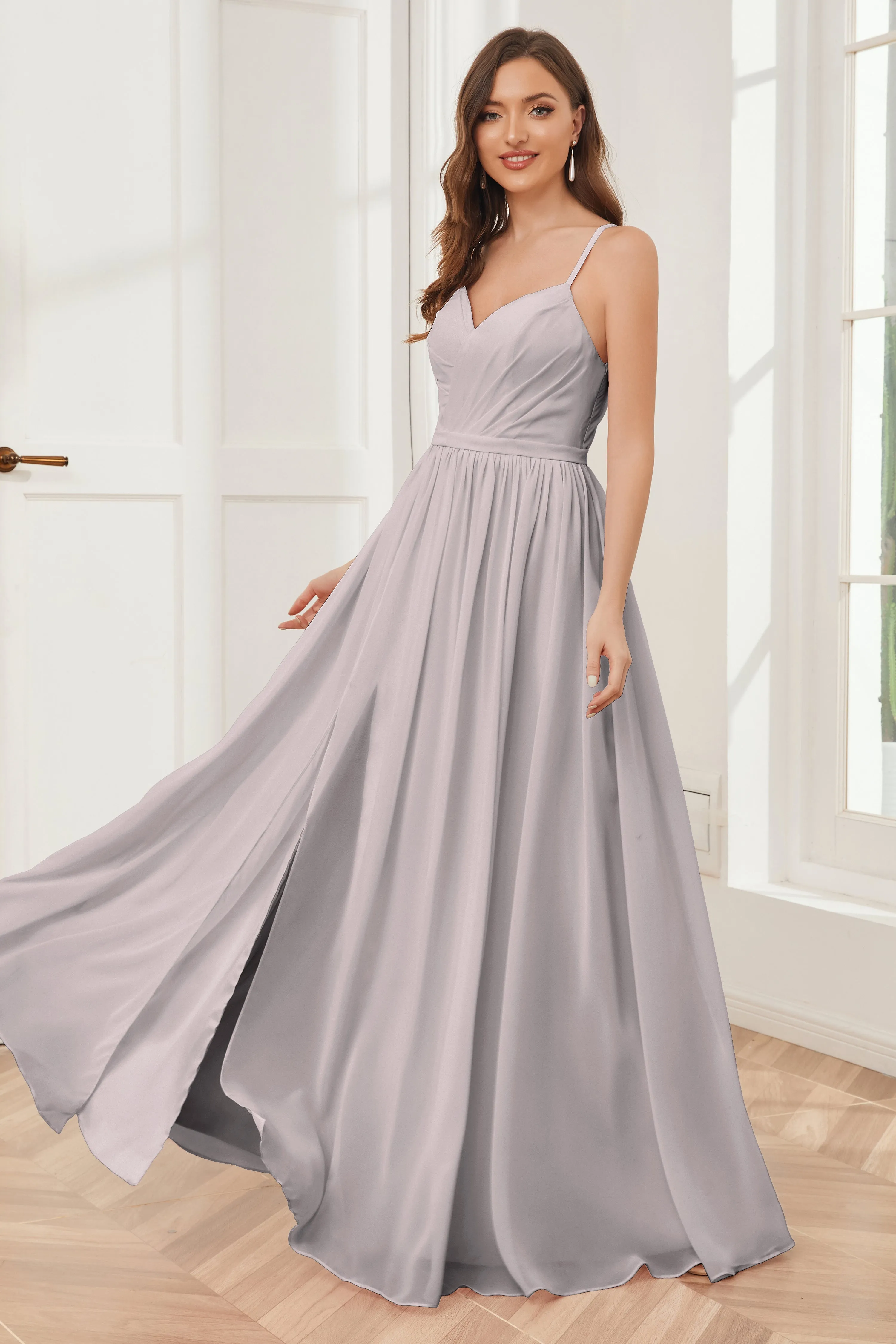 A-line Spaghetti Straps Chiffon Long Bridesmaid Dresses