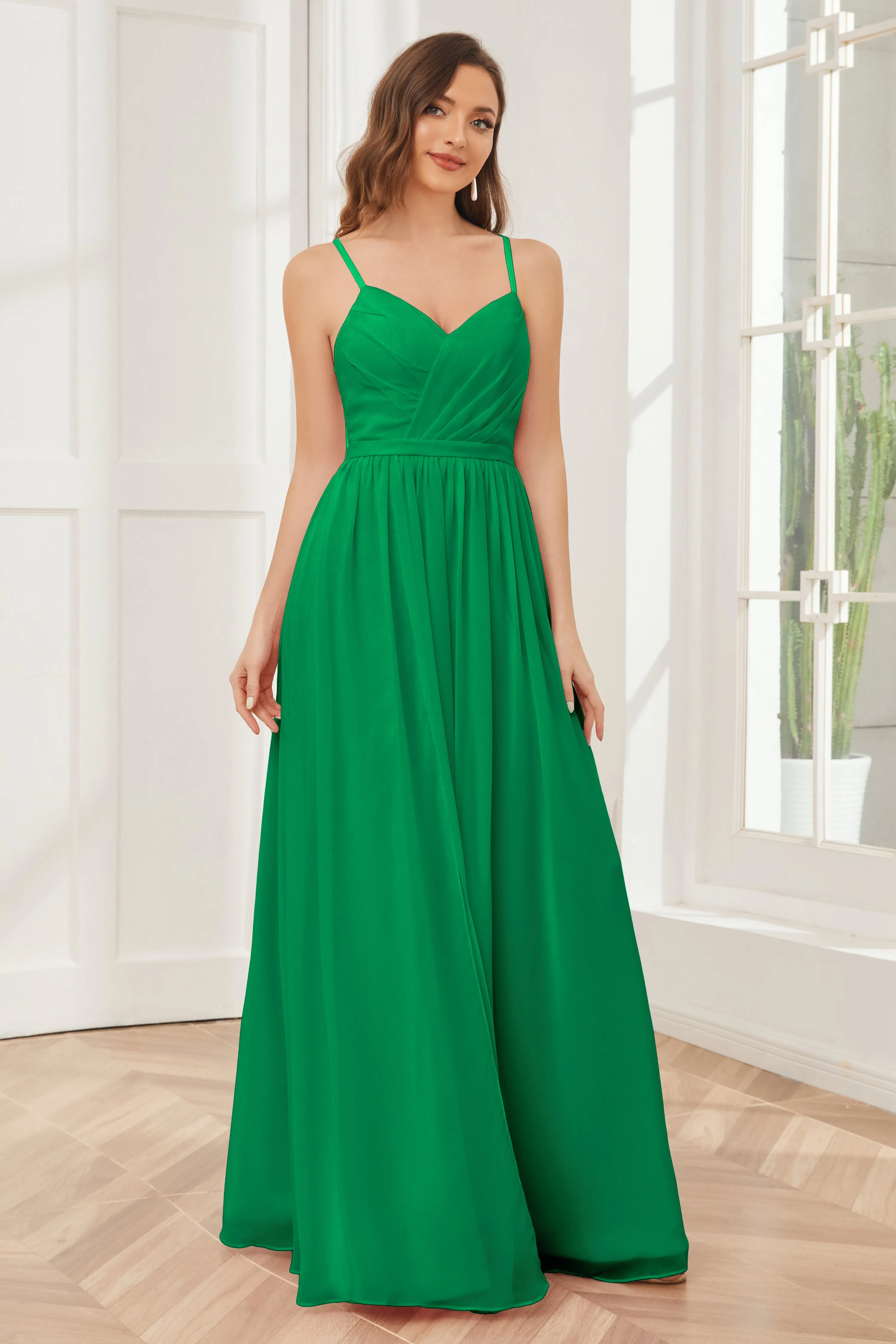 A-line Spaghetti Straps Chiffon Long Bridesmaid Dresses