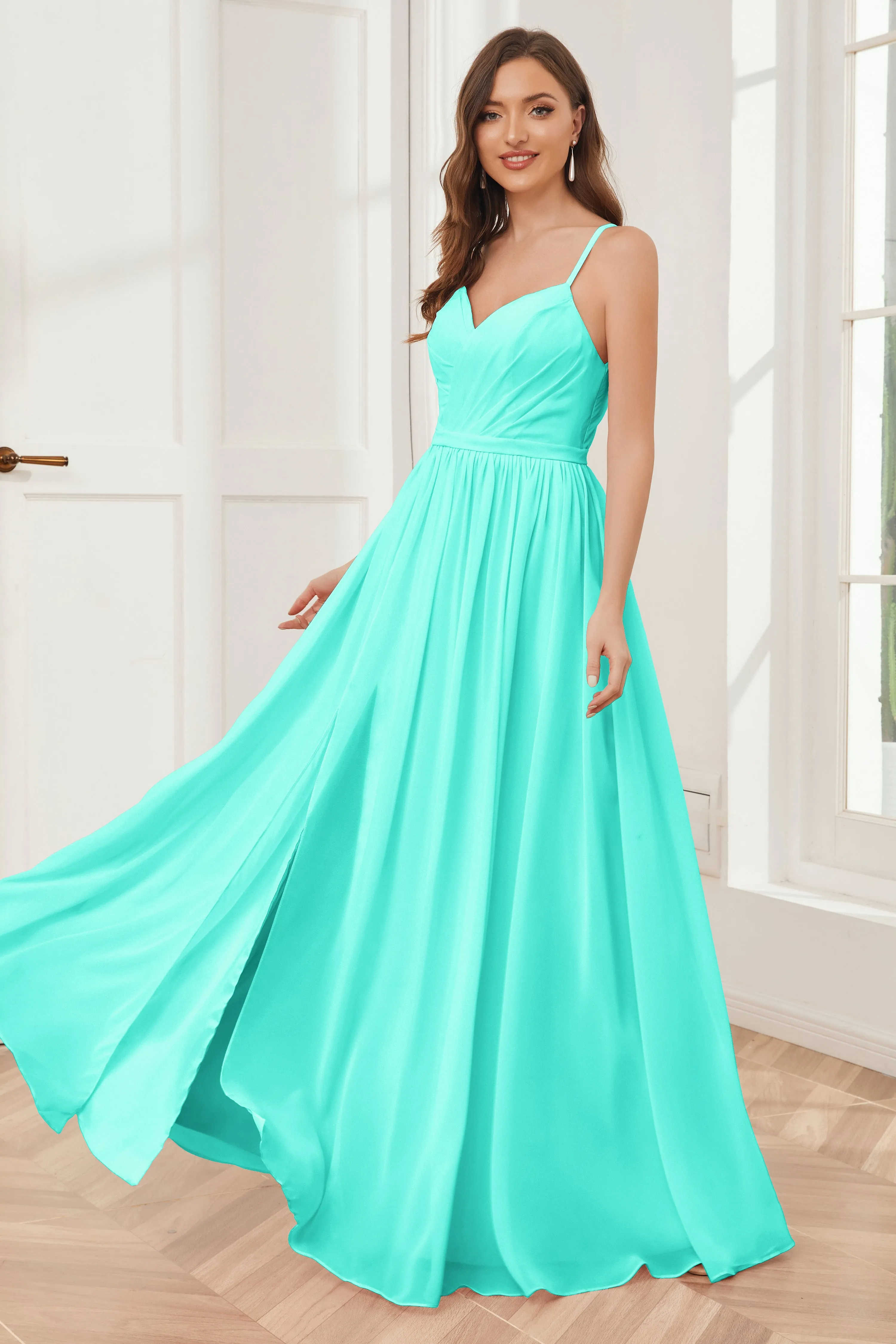 A-line Spaghetti Straps Chiffon Long Bridesmaid Dresses