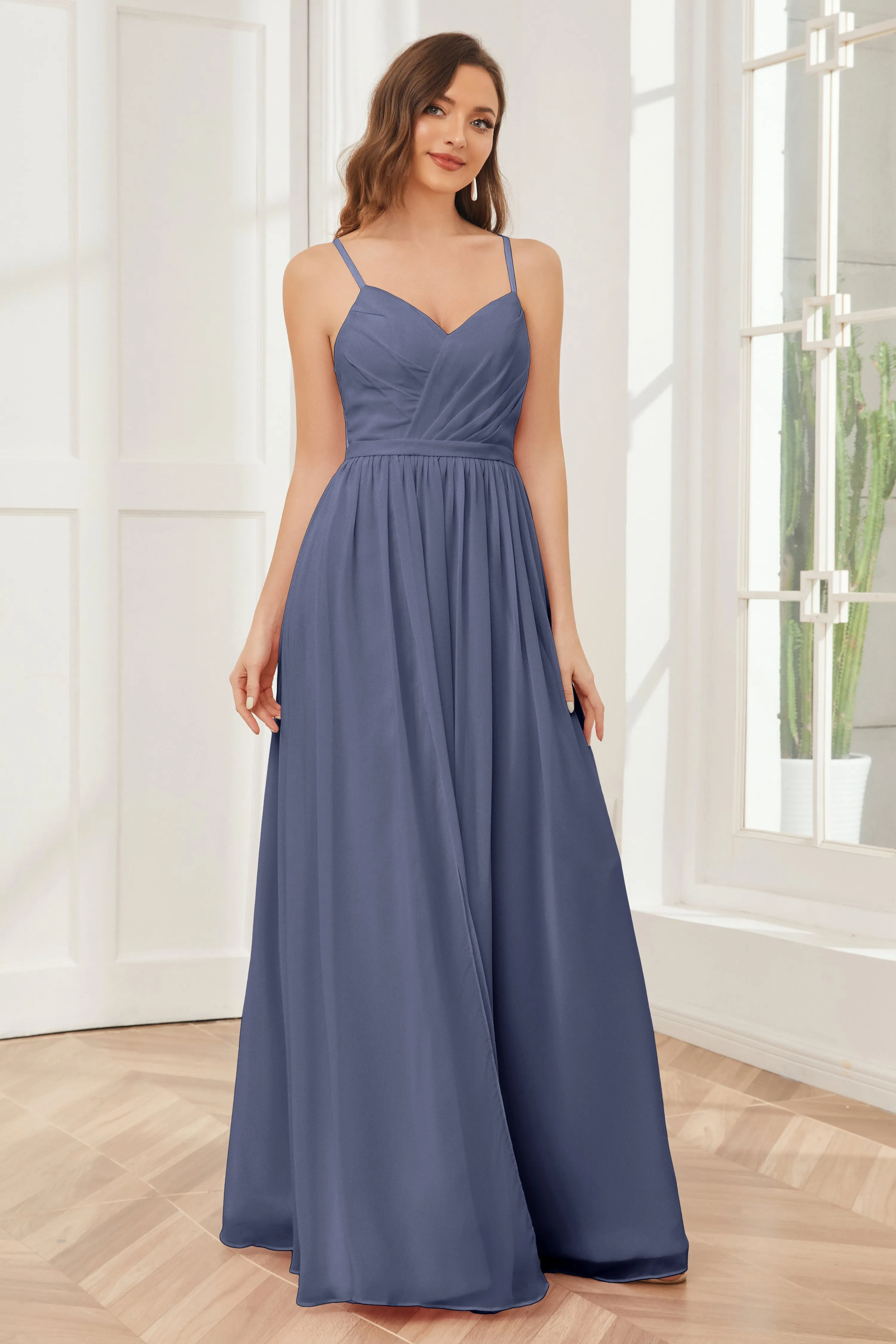 A-line Spaghetti Straps Chiffon Long Bridesmaid Dresses